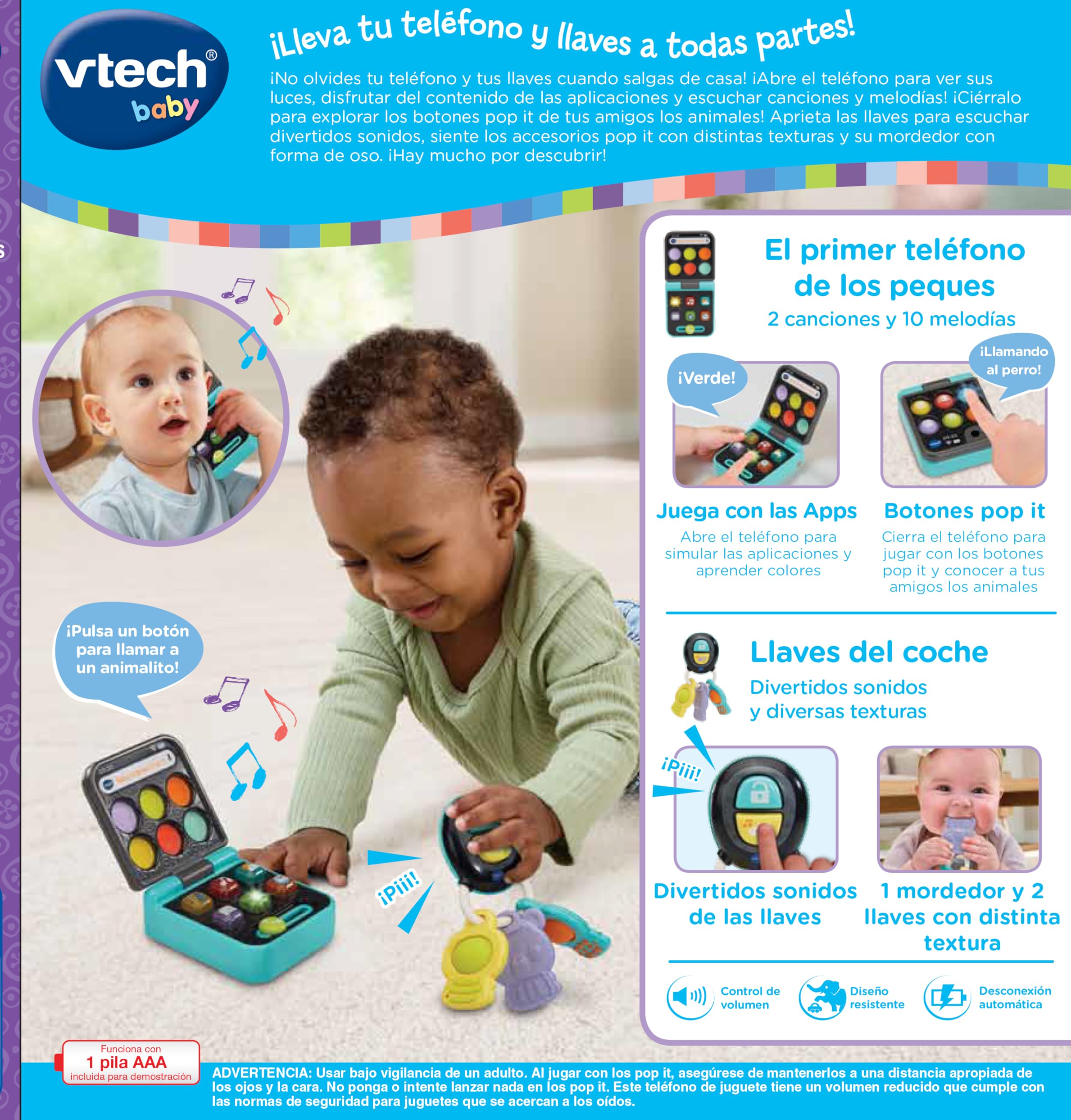 VTech-Baby Baby sorpresas Pop It Teléfono y Llaves, Juguetes interactivos, Diferentes Texturas, Botones Silicona, Motricidad Fina, Regalo bebés +6 Meses, Versión ESP