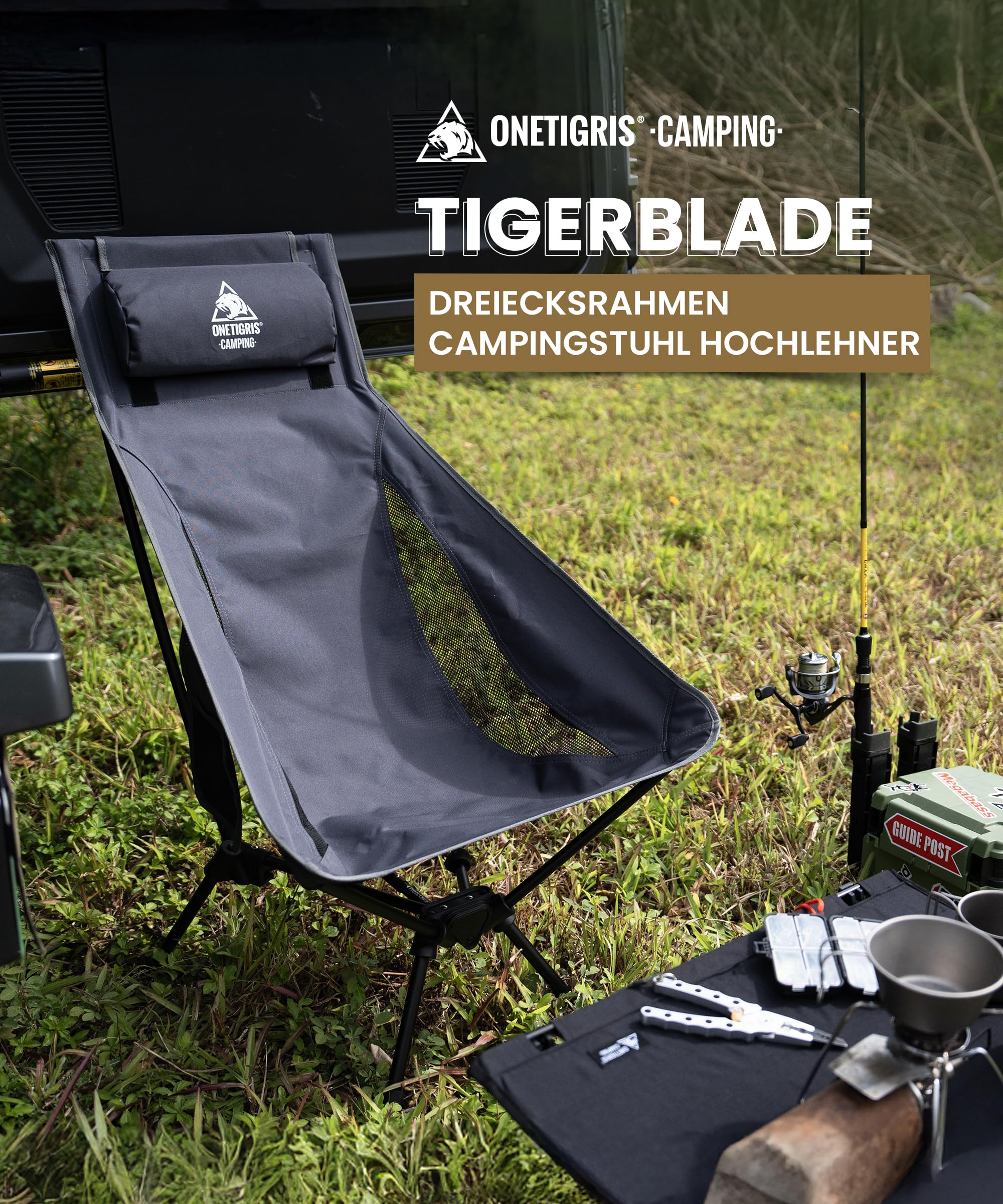 OneTigris TIGERBLADE Krzesło kempingowe z wysokim oparciem, składane, 150 kg, lekkie krzesło kempingowe, trójkątna rama, krzesło wędkarskie, składane z 2 kieszeniami bocznymi, ultralekkie krzesło do