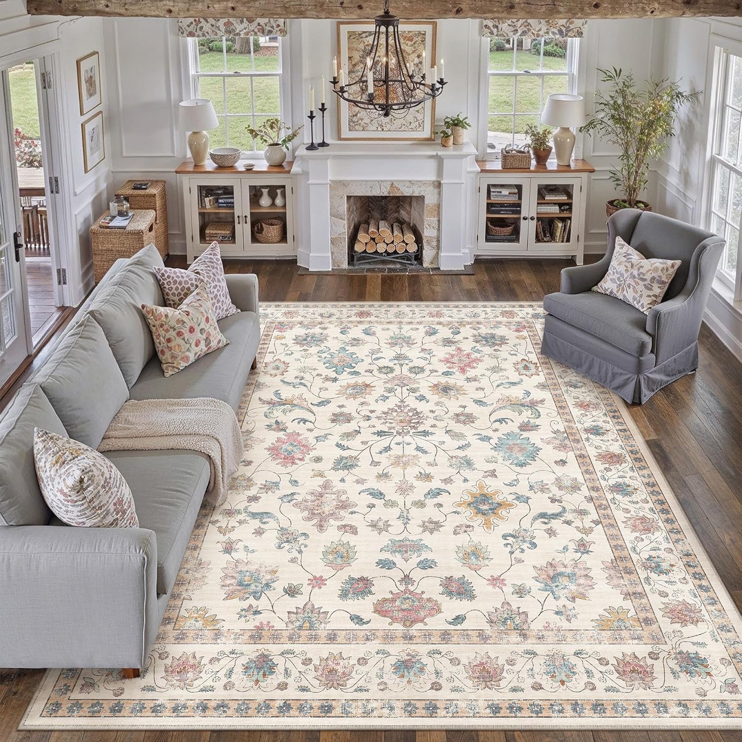 HUGEAR Area Rug 8x10 Vintage Colorful Machine Washable Living Room Rugs Distressed Retro Floral Vacuumable Low Pile Carpet Bedroom Office Dining Farmhouse Playroom Non Slip Colorful 8' x 10' (Rectangular)