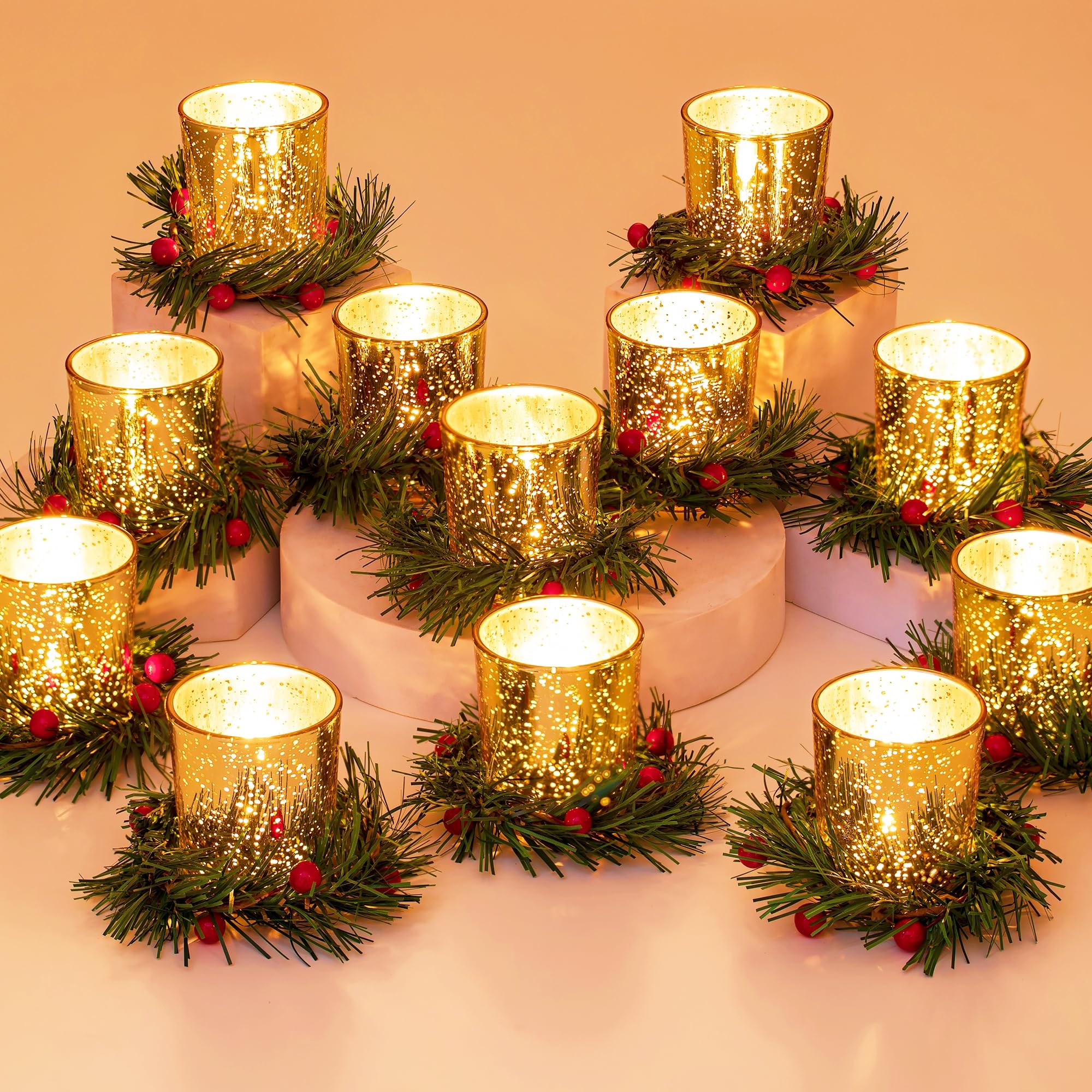 Glasseam Portacandelitas De Navidad: Portavelas De Oro con Anillo para Velas Set De 12 Portacandelitas De Cristal para Centro De Mesa NavideñO Portavelas Votivas De Mercurio para DecoracióN del Hogar