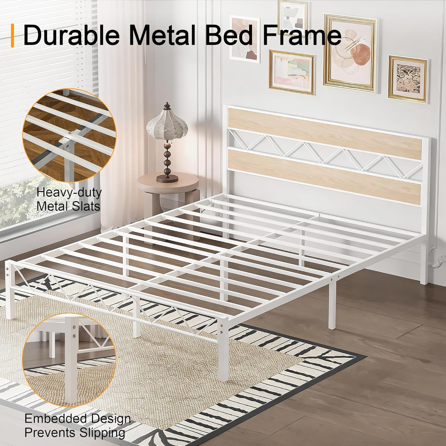 VECELO Full Size Bed Frame with Headboard, Heavy-Duty Platform Bedframe with Metal Slats Support, No Box Spring Needed, Easy Assembly, White & Natural