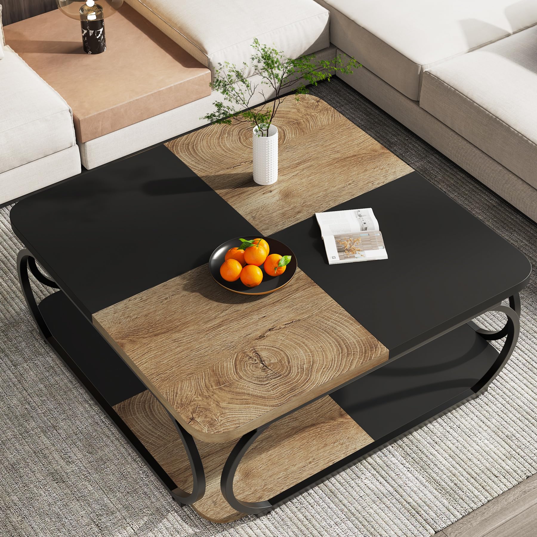 Tribesigns Tavolino da Salotto Quadrato, 100 x 100 x 50 cm, Tavolino in Legno, Tavolino da Salotto Industriale, Marrone Luce Nera