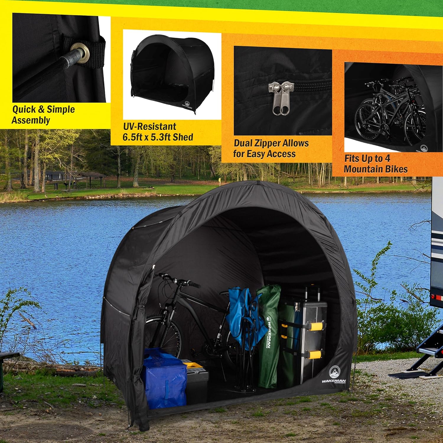 Bike Storage Shed - 6.5x5.3x5.3 Bike Cover Holds up to 4 Bicycles - Water and UV-Resistant Pop Up Tent with Carry Bag by Wakeman Outdoors (Black)