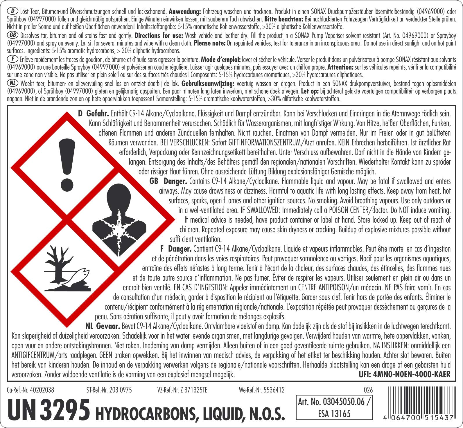 Sonax 03045050 - Disolvente de alquitrán