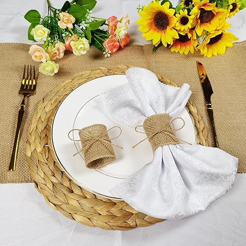 Miniatura 5 de Juego de 100 servilleteros de arpillera natural con cuerda de yute, servilletas desechables a granel, anillo rústico para mesas, decoraciones,