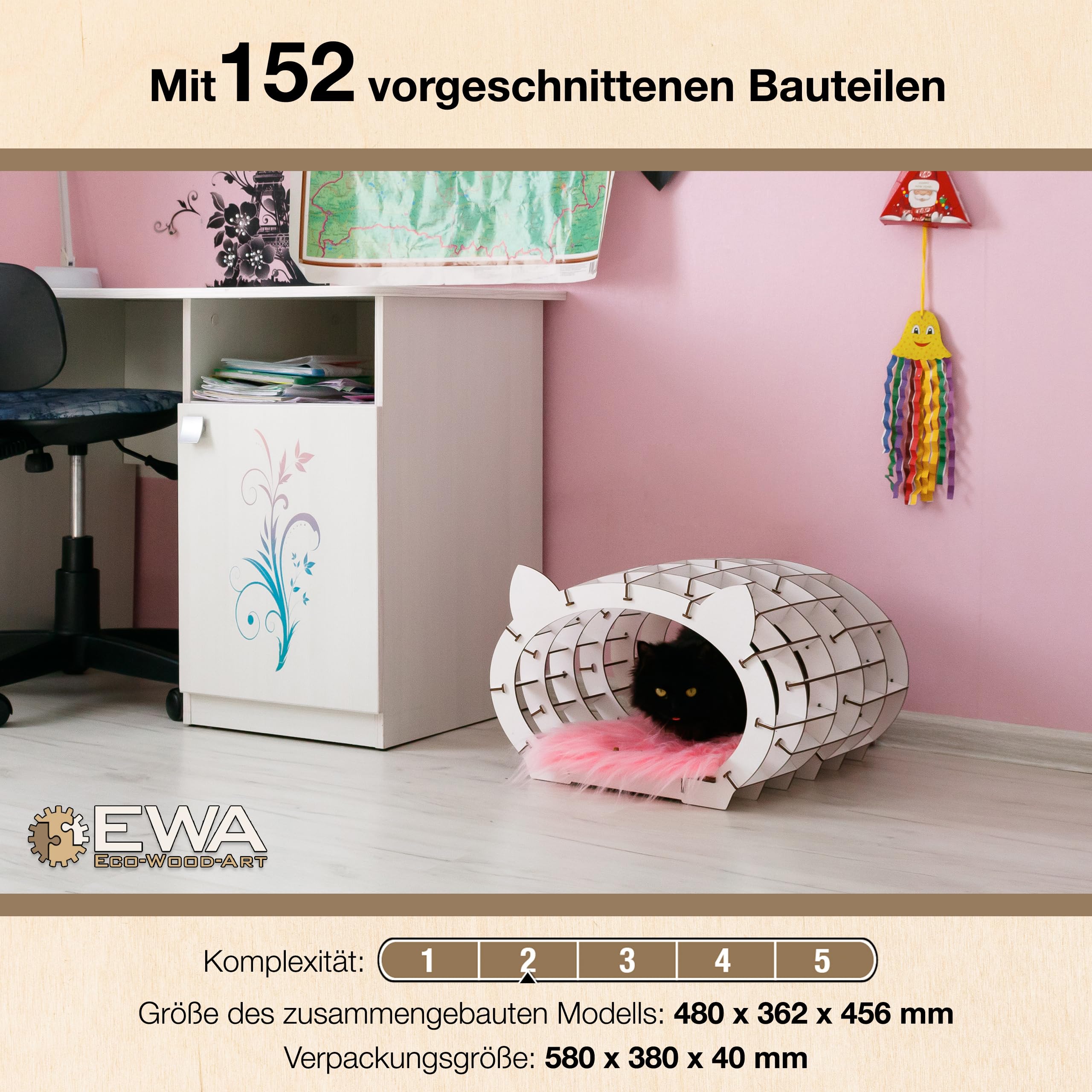 EWA Eco-Wood-Art - Cat's House (Wooden House+White Fur)- Puzzle 3D en Bois - Casse-tête pour Adultes et Adolescents -à Monter soi-même sans Colle- 152 pièces