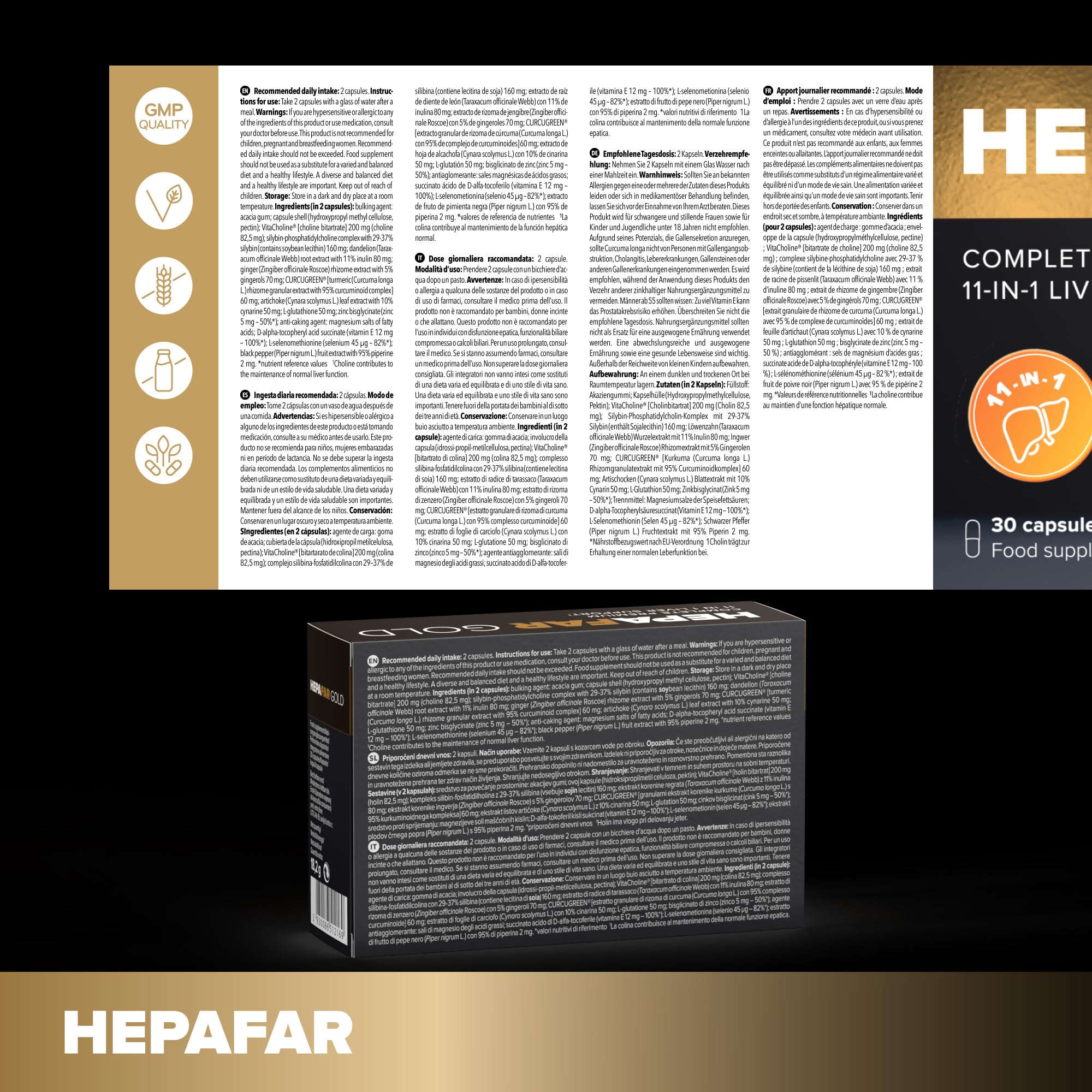 Hepafar Gold Premium con Glutatione, Curcuma, Cardo Mariano, Colina, Carciofo e Zenzero - Integratore per il fegato, 60 capsule, di Sensilab