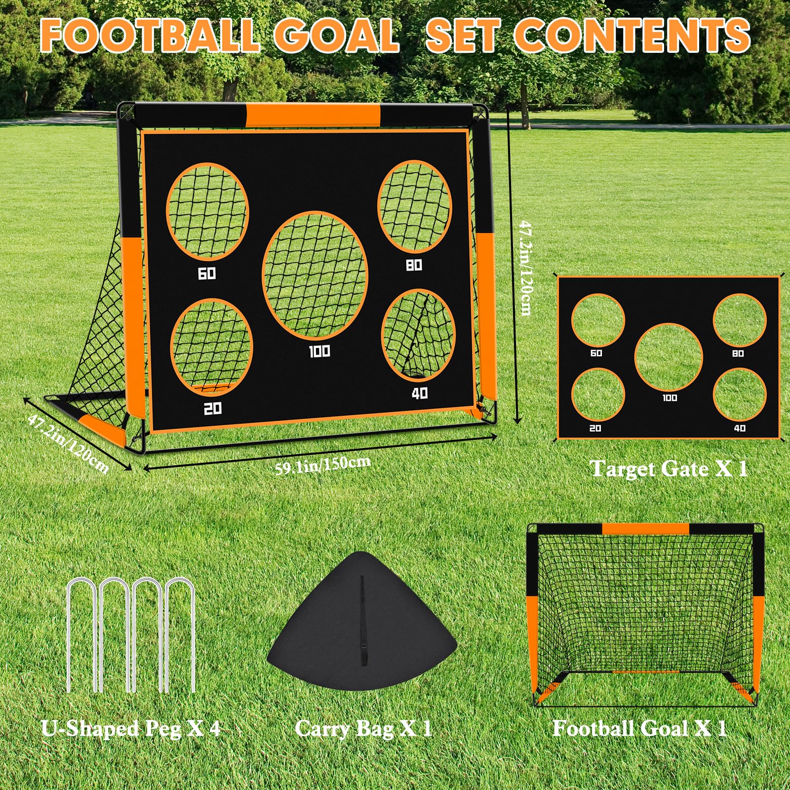 But de Foot 2 en 1 pour Jardin, Cage de Football avec Cible de Tir, Filet Pliable Outdoor, But pour Enfants avec 4 Piquets et Sac de Transport
