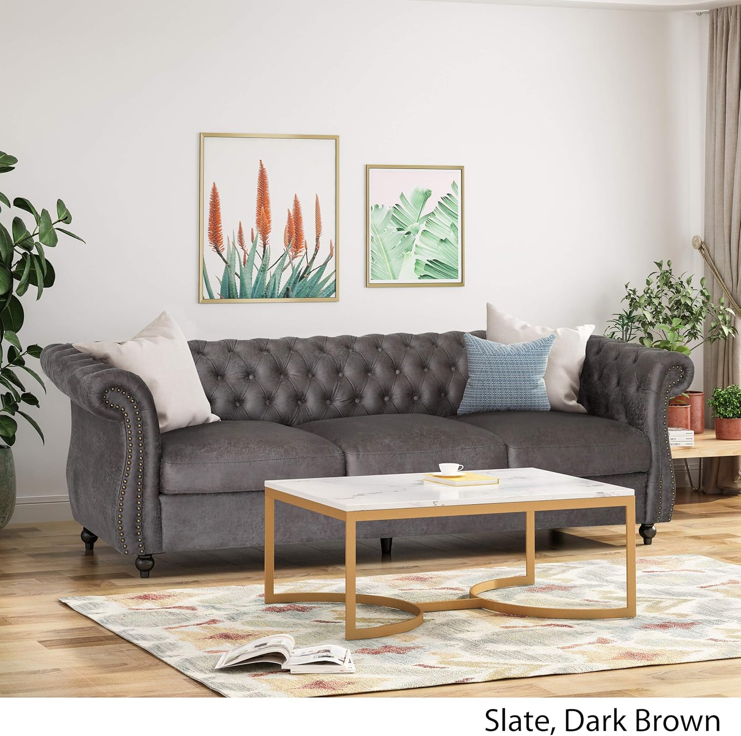 Great Deal Furniture Vita Chesterfield Tufted Microfiber Sofa with Scroll Arms, Slate Slate, Dark Brown