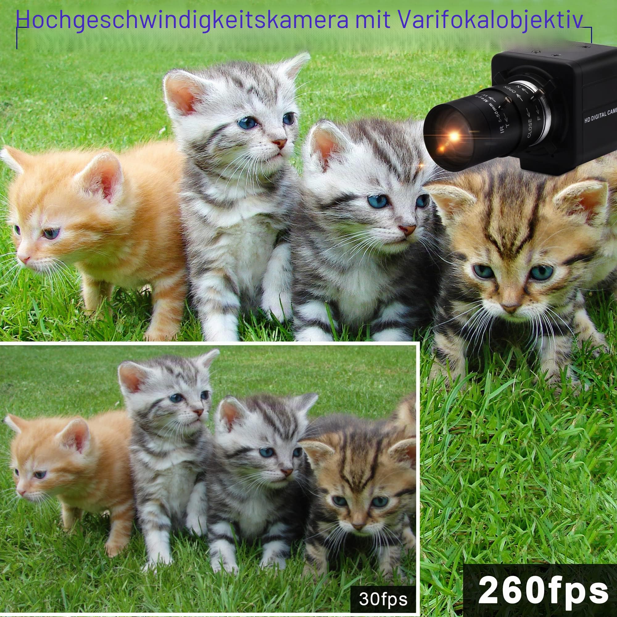 Svpro USB-Kamera 1080P 60pfs Hochgeschwindigkeitskamera 720P 120fps/360P 260pfs PC-Kamera mit 5-50mm manuellem Objektiv, 10X optischer Zoom Nahaufnahmekamera UVC Computer-Konferenz Golfschwungkamera