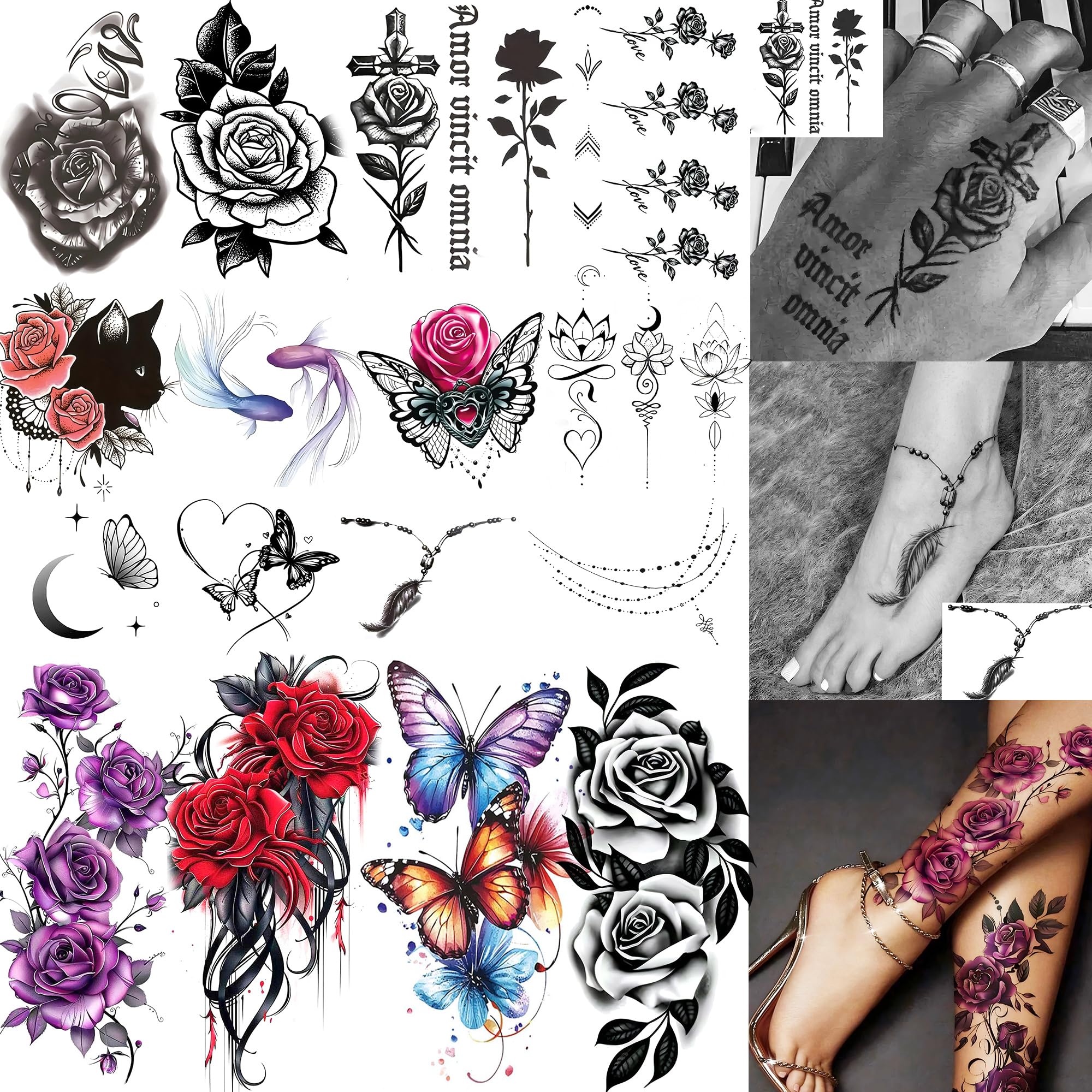 16 Sheets Watercolor Rose Flowers Temporary Tattoos For Women Adults Hands Decals, Realistic Feather Jewelry Pendant Fake Tattoos For Feet, Waterproof Butterfly Peony Lotus Floral Temp Tatoos Body Art Legs