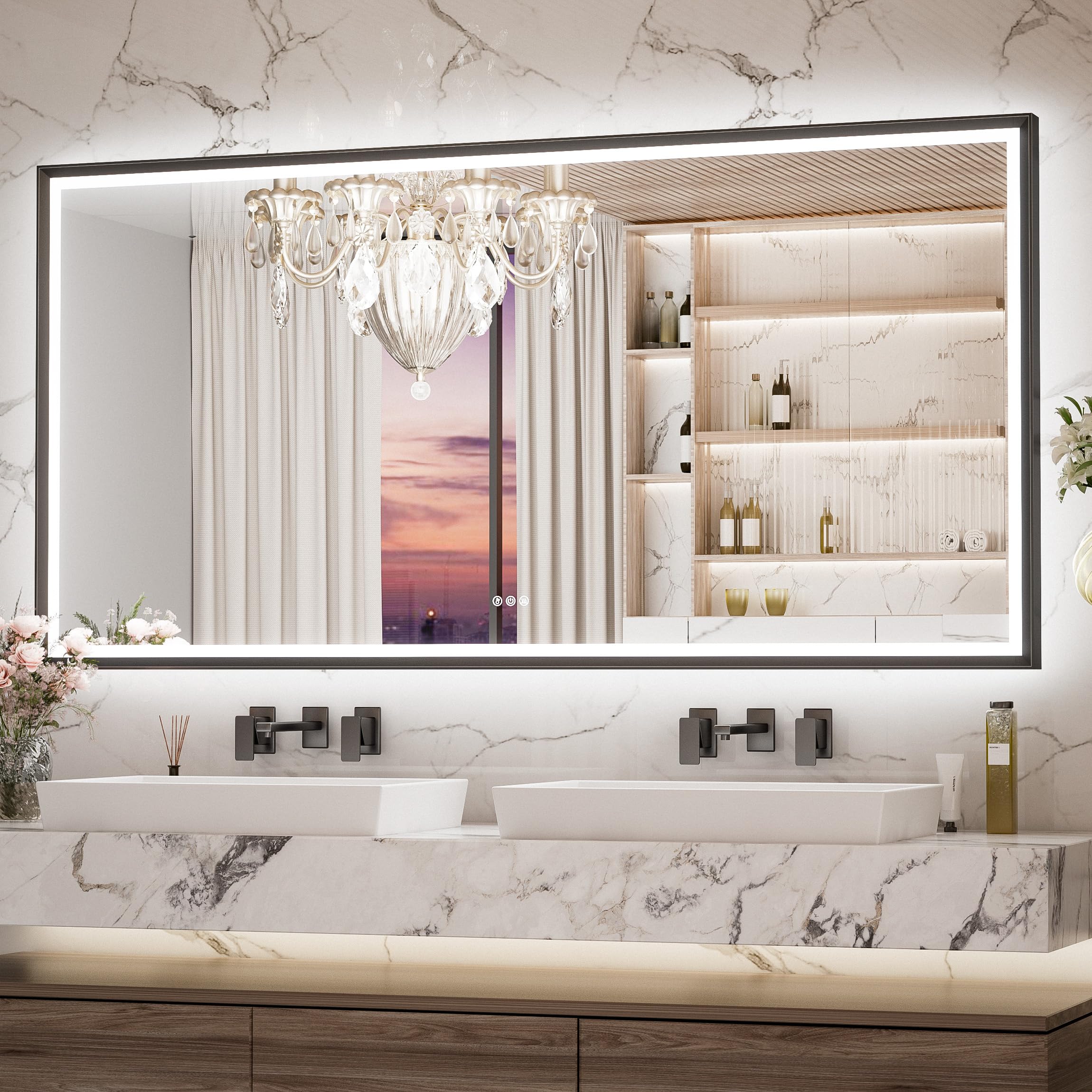 Keonjinn 72'' x 36'' LED Bathroom Mirror with Frontlit & Backlit, Black Metal Framed Beveled Edge Wall Mirror, Large LED Mirror with Anti Fog, Stepless 3-Color Temperature, UL-Listed LED Driver