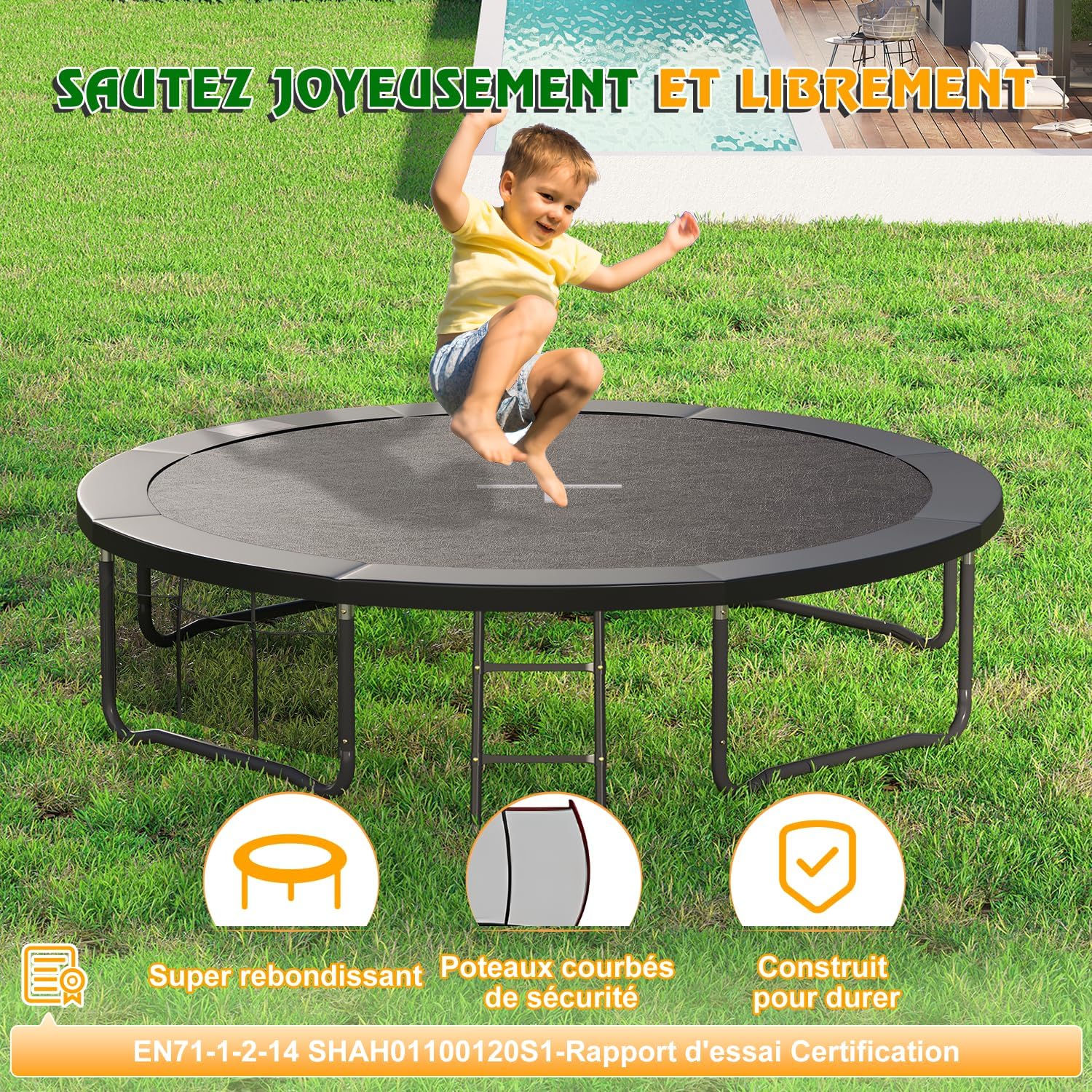 Child jumping on a trampoline with safety features highlighted