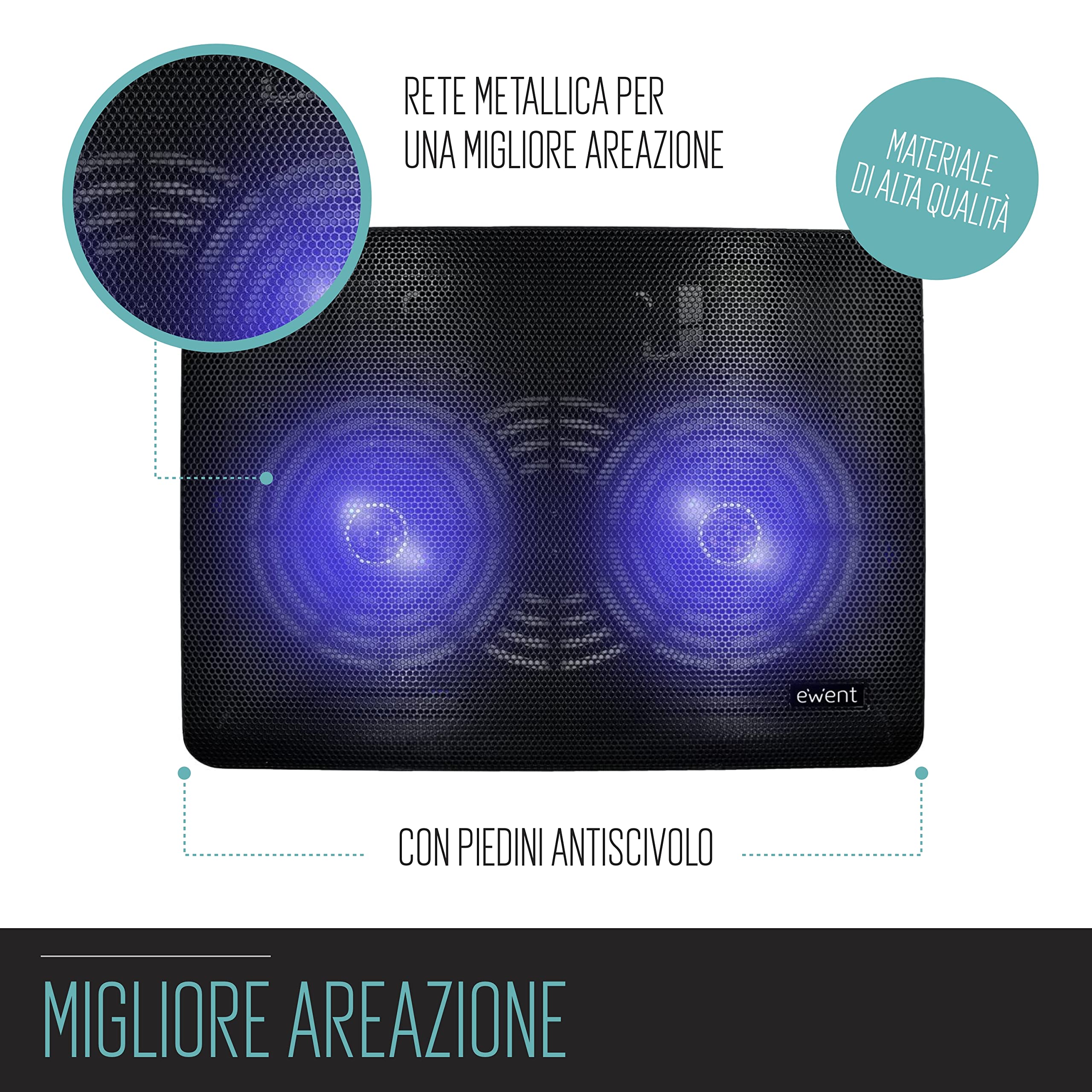 Ewent EW1256 Pad di raffreddamento a 2 ventole per Notebook fino a 17", Nero 34 x 25 x 2 cm