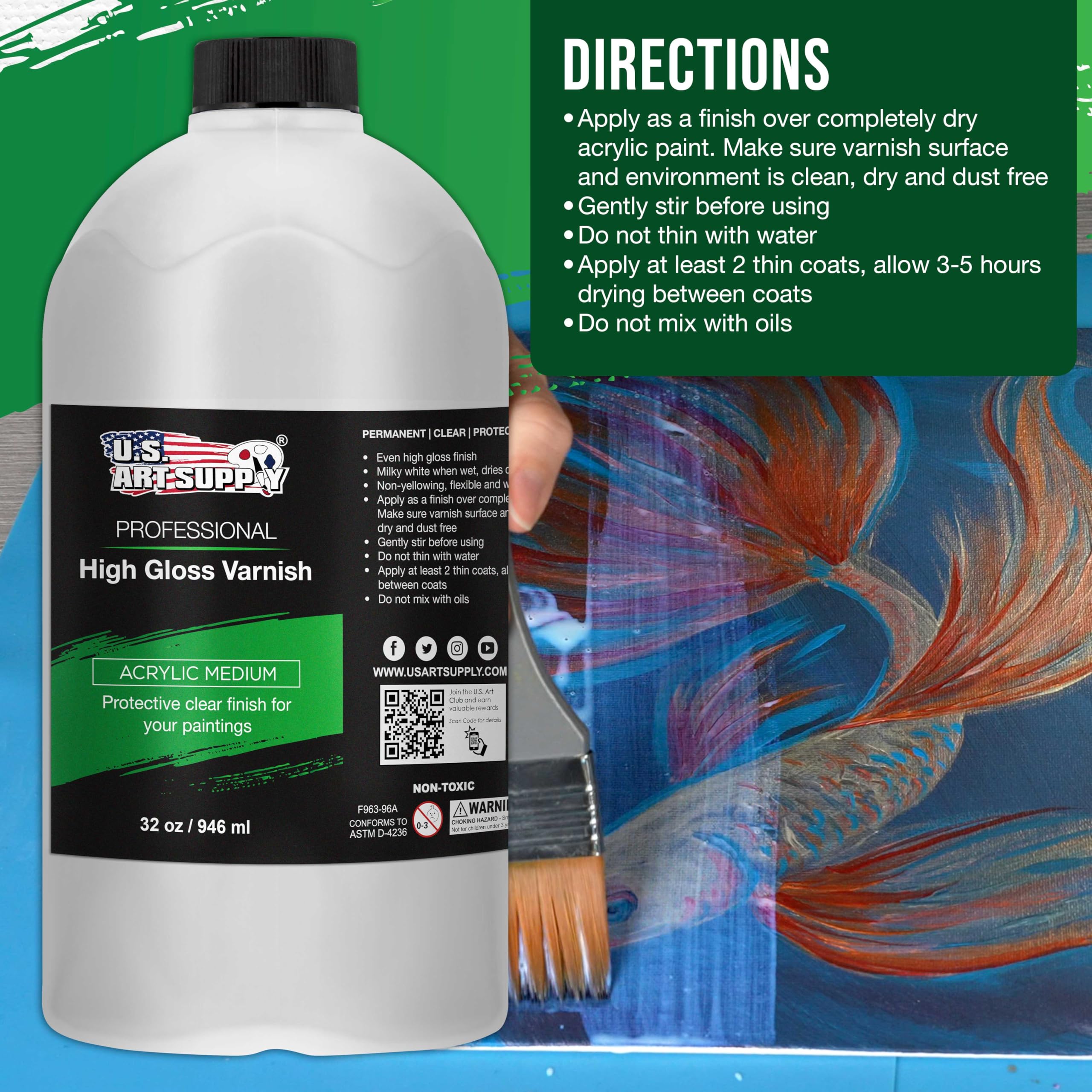 U.S. Art Supply Professional High Gloss Varnish, 32 oz (Quart) - Acrylic Medium, Clear Permanent Protective Finish for Paintings & Artwork, Apply Over Dry Acrylic Paint - Glossy Shine, UV Protection