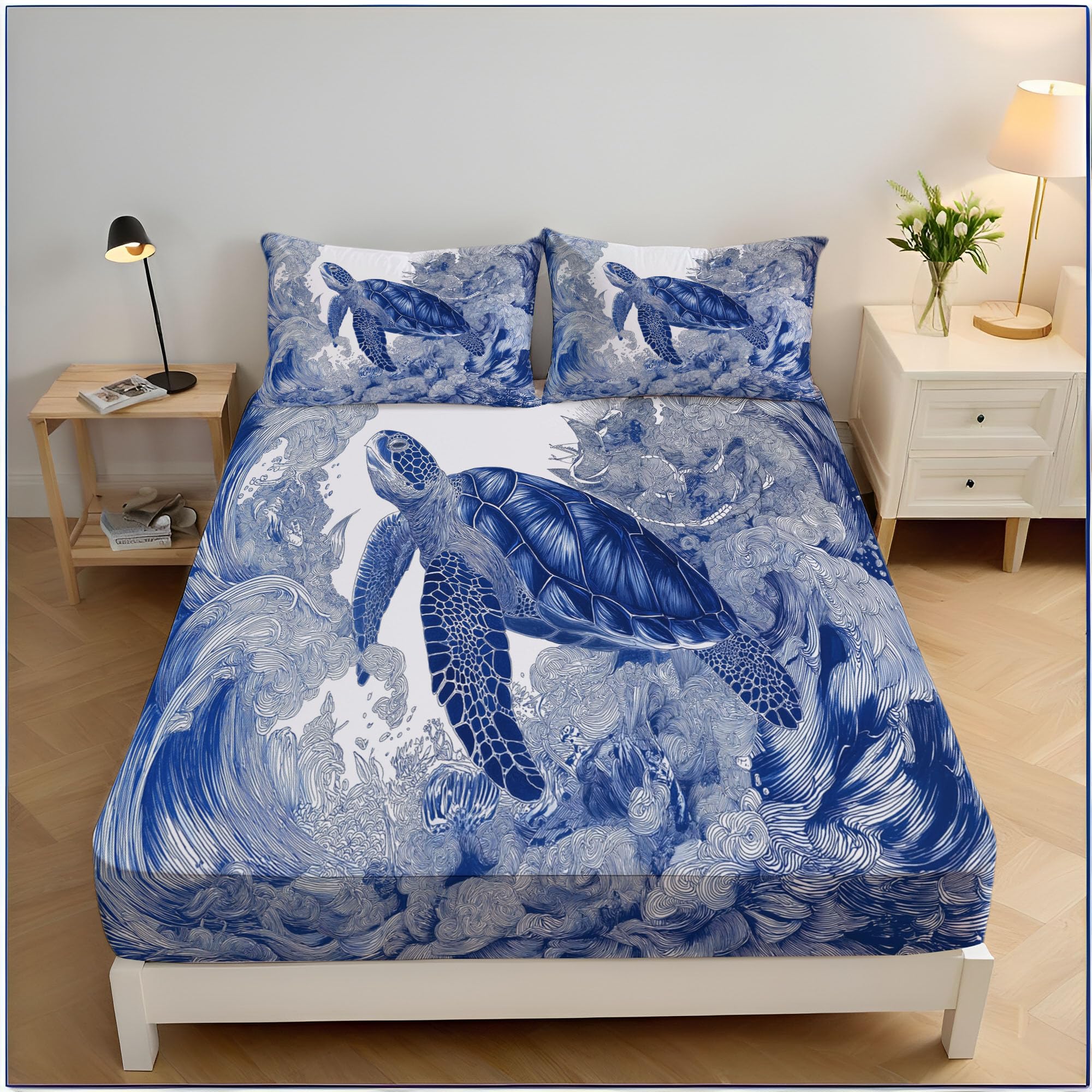 Drap housse microfibre élastique doux 140x200 bleu blanc motif tortue