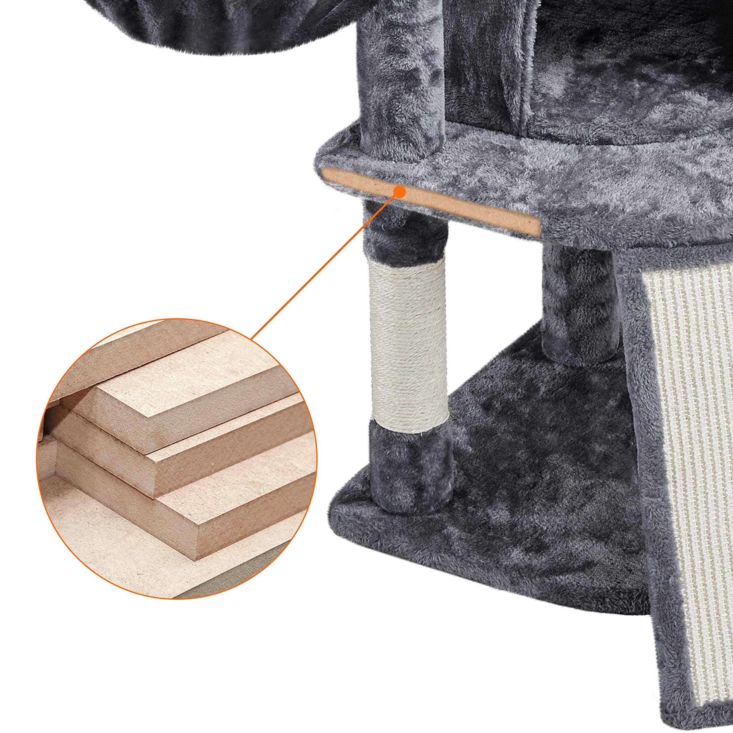 Yaheetech Árbol Rascador para Gatos Grandes 106 cm Altura con Espaciosas Cueva para Gato de Casa Torre para Mascato Grande Gris Oscuro | Rampa de sisal, Correa antivuelco, postes cuerda de sisal, Bola colgante sustituible, Condominio grande, cesta acogedo