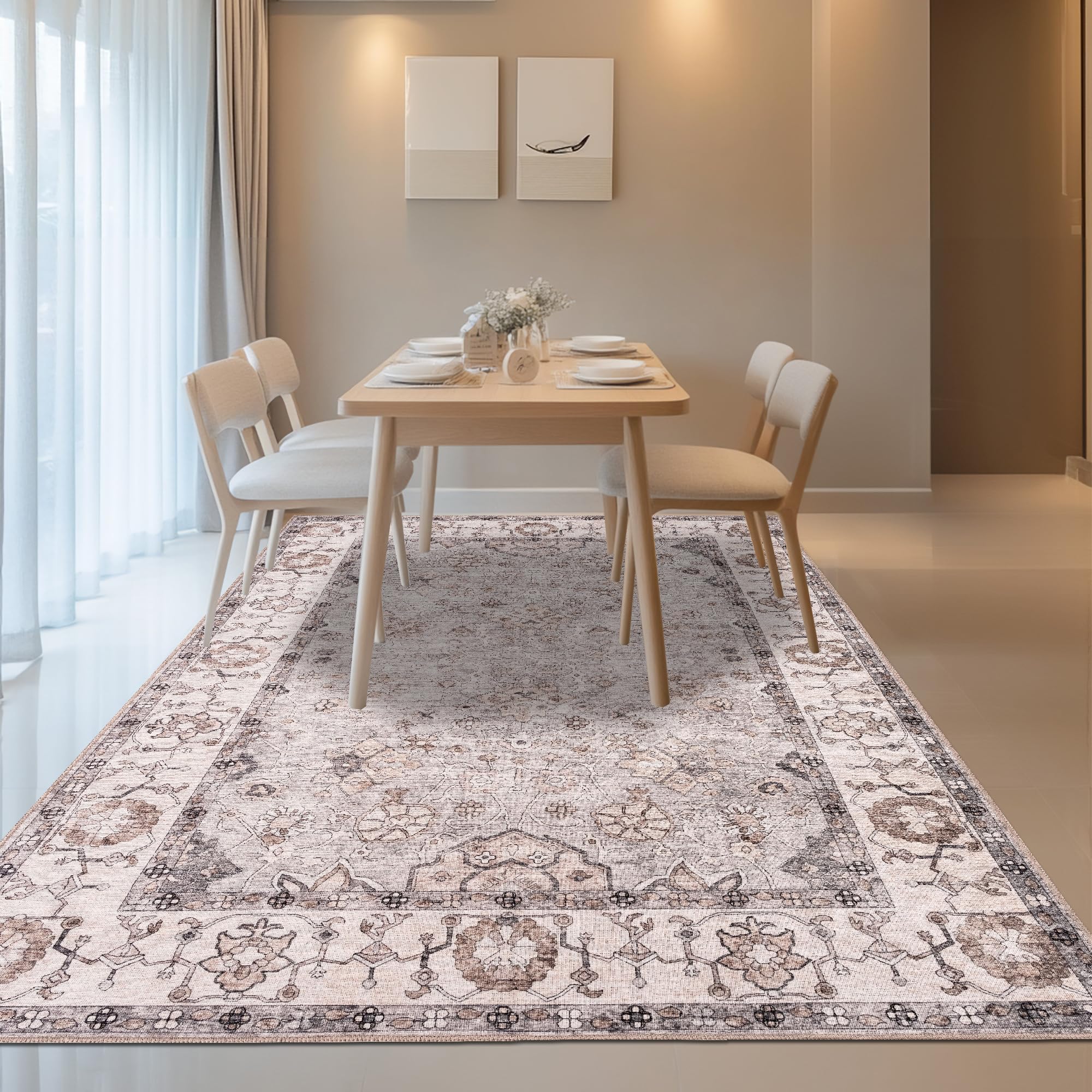 homeart Grand tapis lavable en machine - 67 % coton - Avec envers antidérapant - Ne perd pas ses poils - Pour salon, chambre à coucher, cuisine, salle à manger, couloir - Motif floral crème gris 200 x