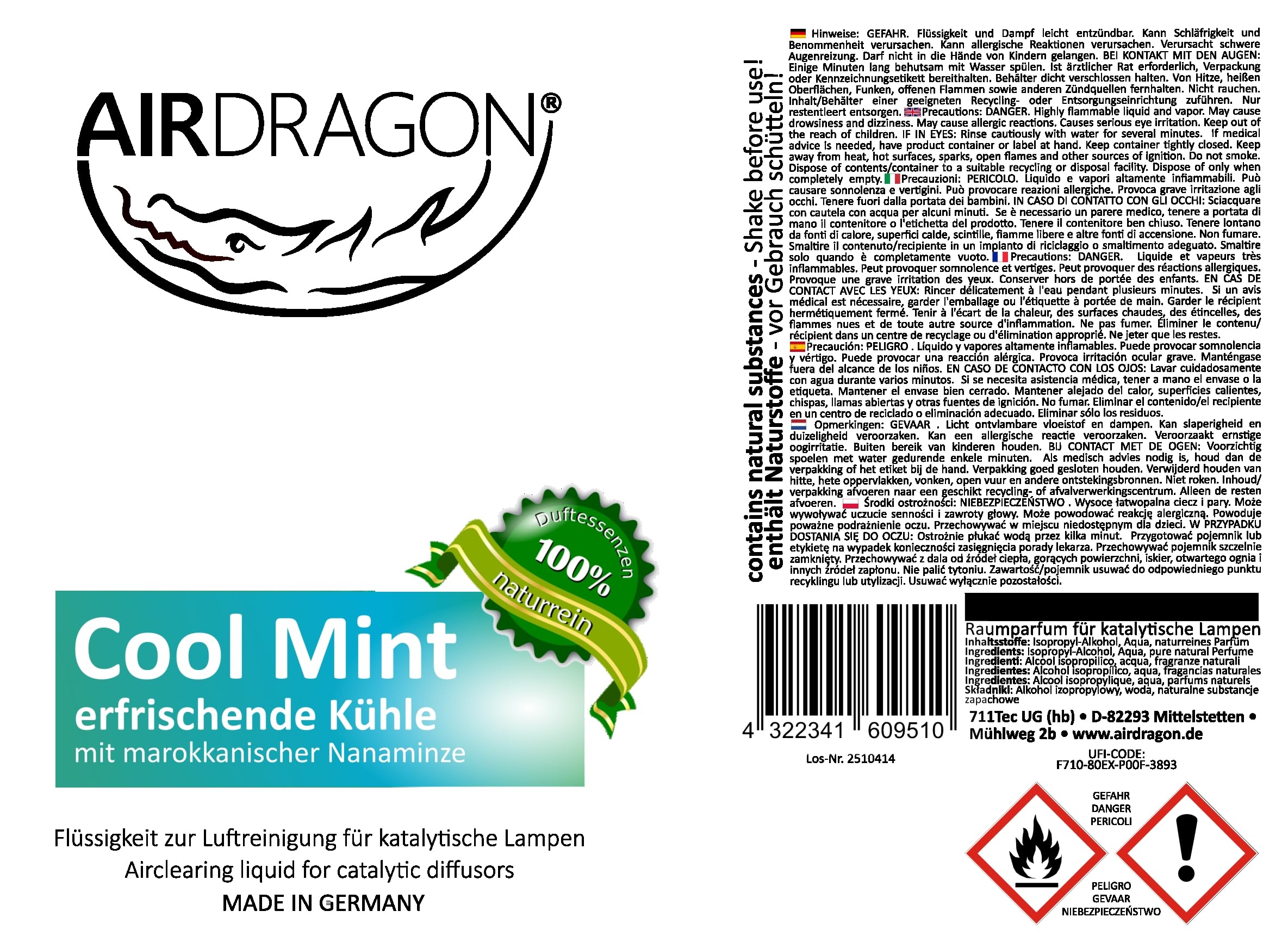 AIRDRAGON COOL MINT - katalytischer Raumduft ohne künstliche Duftstoffe - natürlicher Raumduft mit naturreinem ätherischem Duft-Öl für jede katalytische Lampe 1000 ml - Made in Germany