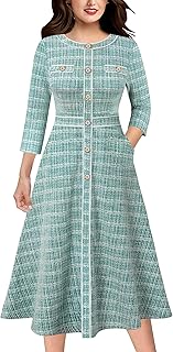 Womens Work Business Office Buttons Slim Fit and Flare Mid-Calf Midi A-Line Dress - Buy now