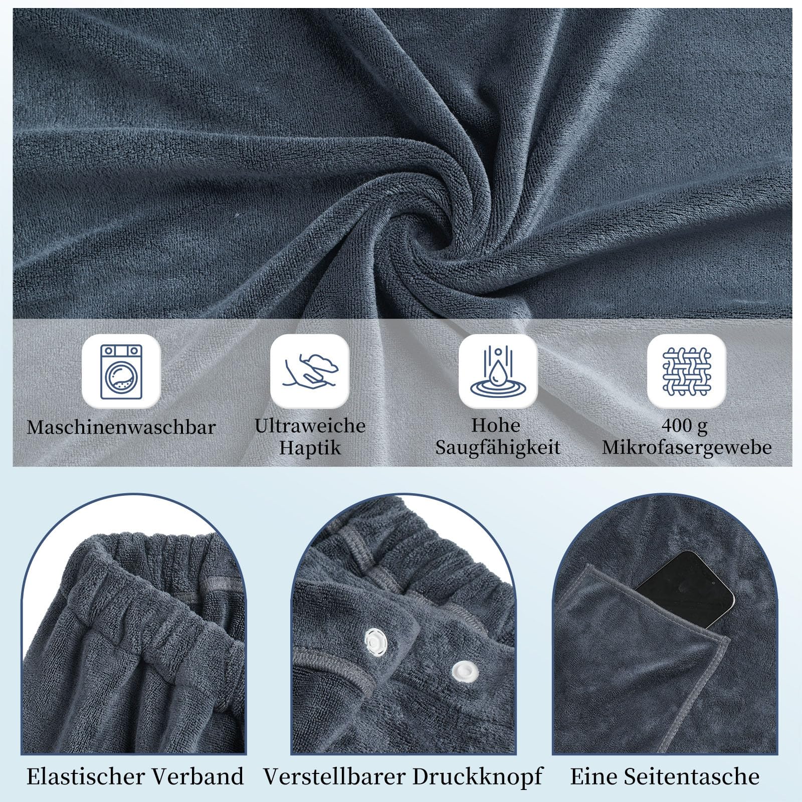 Kilt da sauna da donna, asciugamano regolabile per sauna, da donna, con bottoni a pressione, asciugamano da sauna in microfibra da 400 g/m², con tasche ed elastico, asciugamano per sauna, bagno