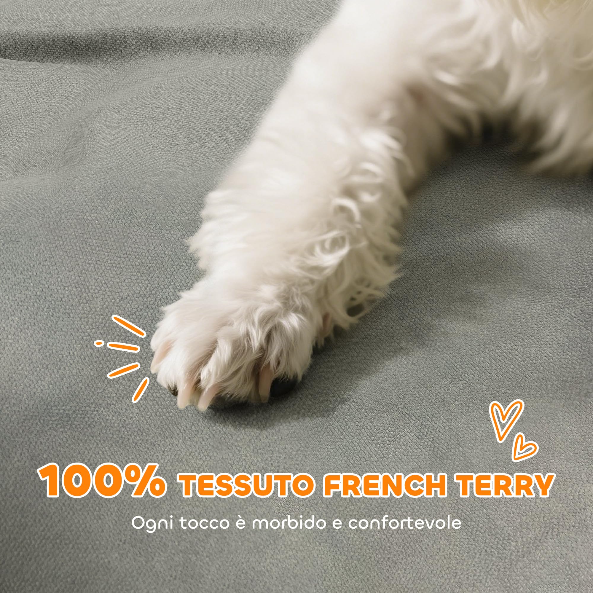 PawHut Divano per Cani Piccoli Morbido con Braccioli di Supporto, Divanetto per Cani in Legno e Tessuto French Terry, 66x42x28.5 cm, Grigio