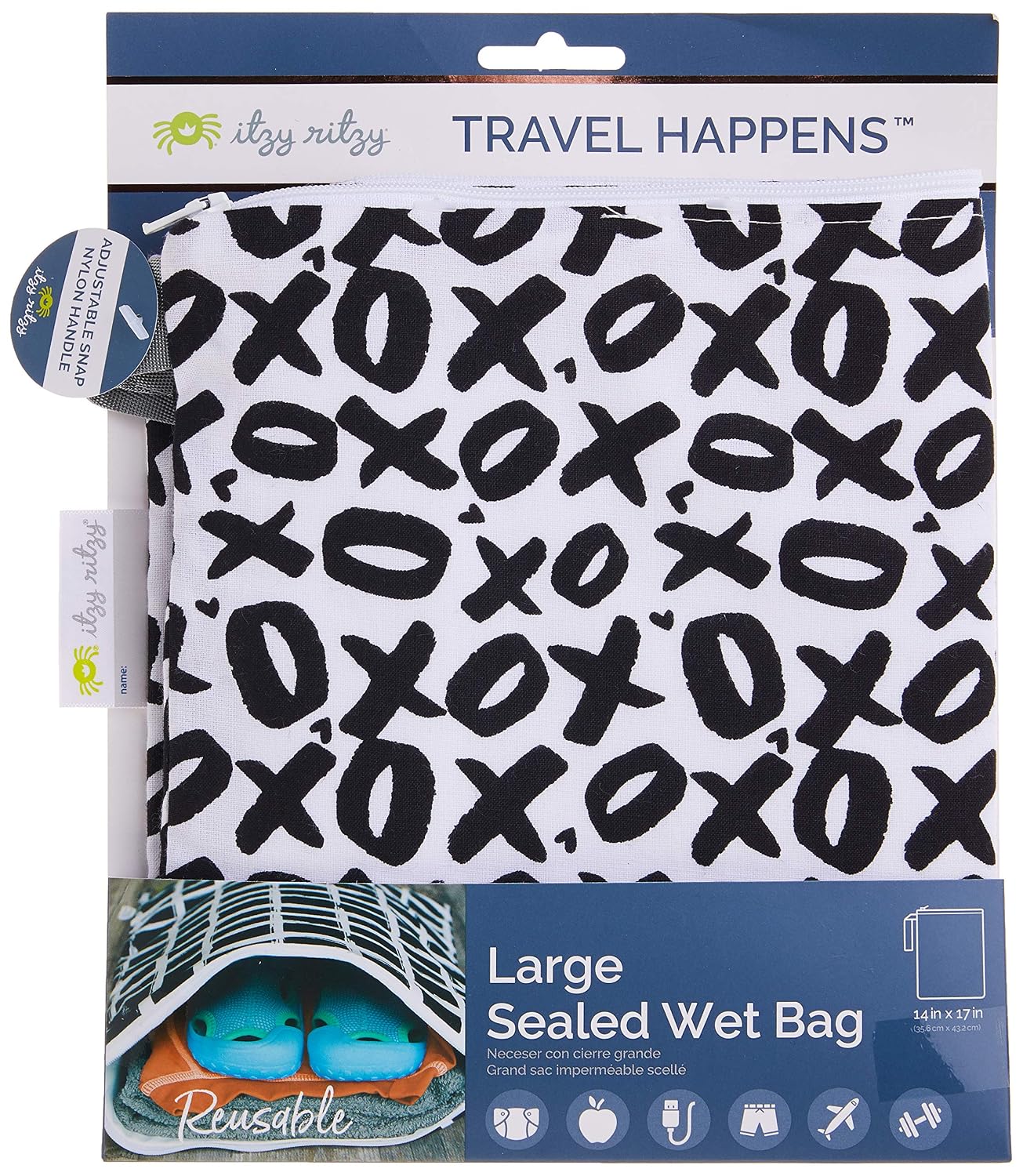 Itzy Ritzy Sealed Wet Bag with Adjustable Handle – Washable and Reusable Wet Bag with Water Resistant Lining Ideal for Swimwear, Diapers, Gym Clothes & Toiletries; Measures 14” x 17”, XOXO