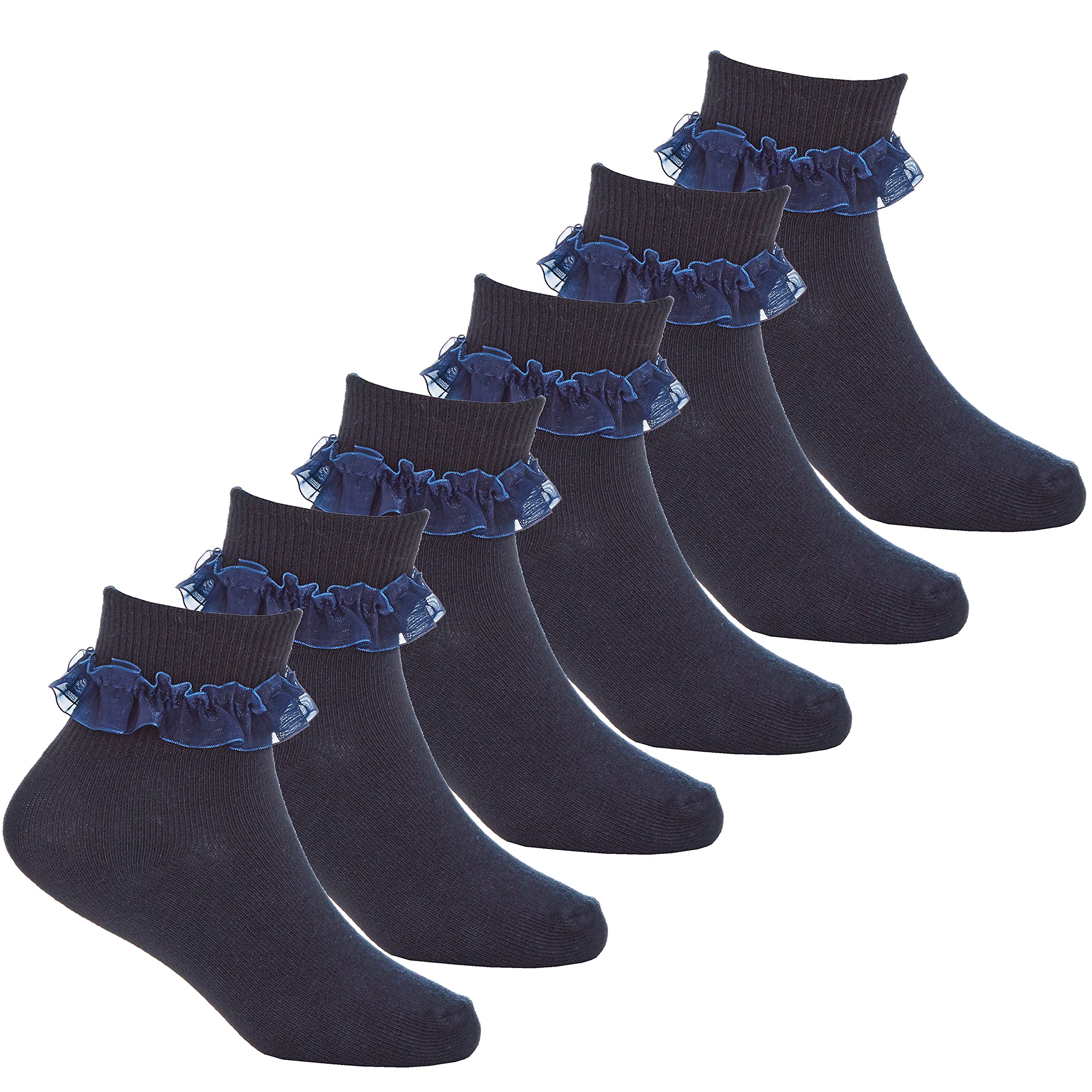 Metzuyan Girls 3 Pairs- Navy 3-Pack Frilly Socks Organza Lace Frill Back To School Navy 6-8.5