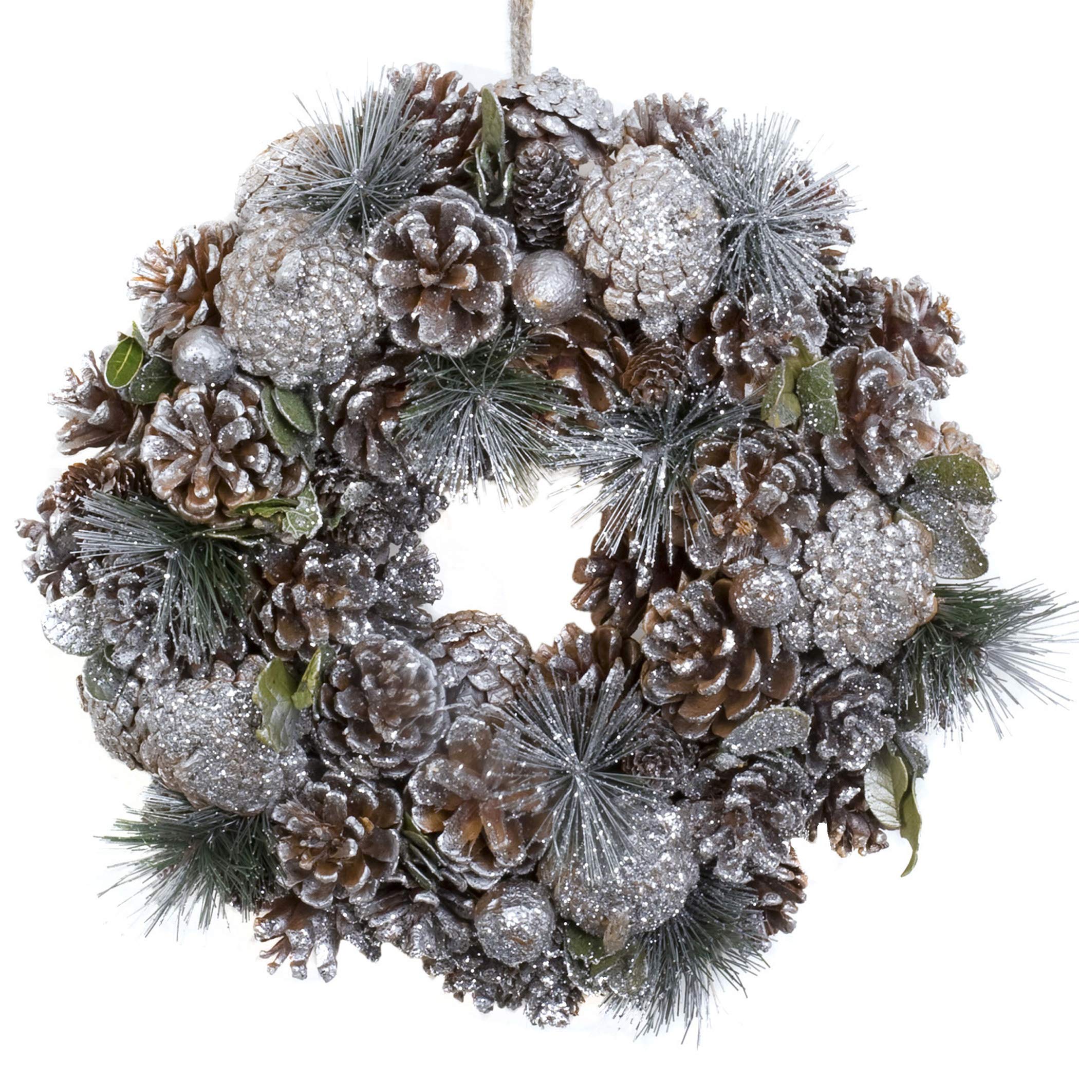 GreenBrokers Christmas Hanging Wreath 30cm - Festive Silver Display with Pine Cones