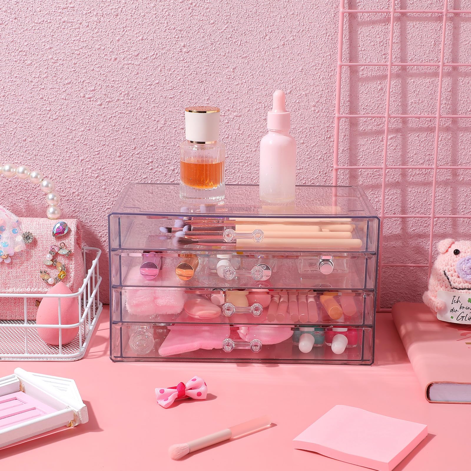 Caja de Maquillaje Acrílico Transparente con Organizador de Cosméticos de Escritorio con Tapa para Dormitorio y Baño Almacenamiento Espacioso y Ahorro de Espacio