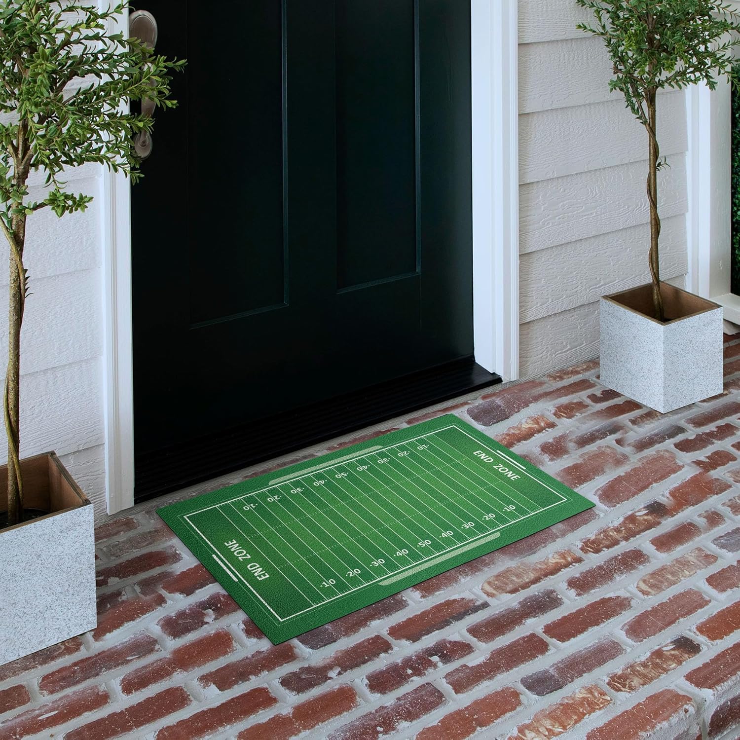 Lunarable Football Doormat, Field of The Game Strategy Tactics End Zone Touchdown Sports Competition Theme, Decorative Polyester Floor Mat with Non-Skid Backing, 30" X 18", White Green
