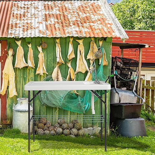 Miniatura 2 de VINGLI Upgarded - Mesa plegable de limpieza de peces con fregadero, mesa portátil para fregadero de campamento con rejilla y rociador, mesa de corte