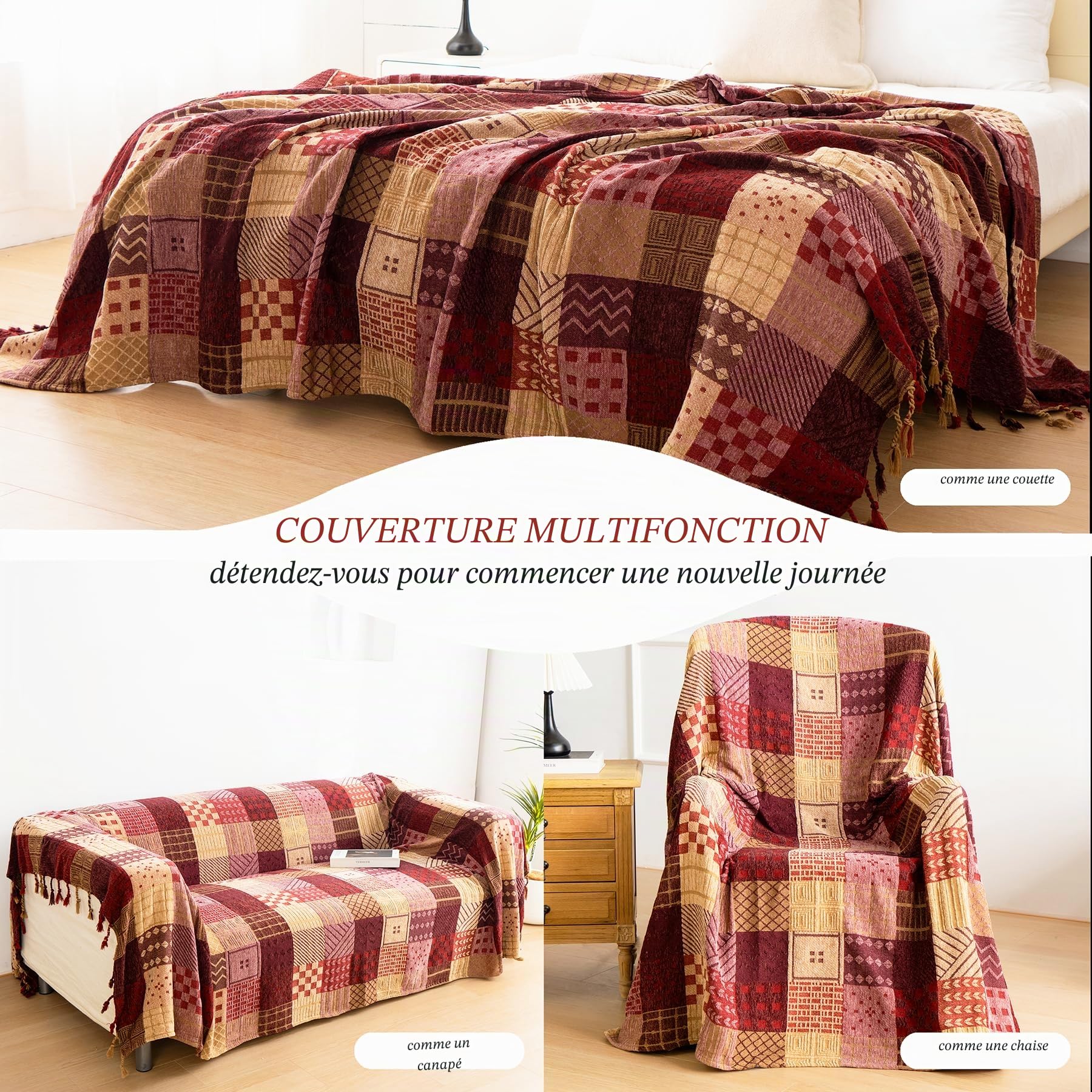VANJOROY Plaid de canapé-lit 100% chenille bohème grand pour 2 3 places - Plaids extra larges pour canapés, plaid patchwork doux pour canapé, comme couvre-lit, tapis, lit, cadeaux - 220x260cm, rouge