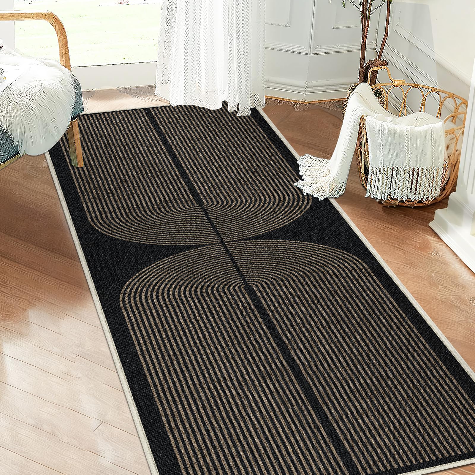 Capslpad Runner Rug for Entryway 60x180 cm Non-Slip Hallway Carpet Runner Washable Jute Look Rug Kitchen Runner Durable Floor Area Rug Runners for Living Room Bedroom Balcony Corridor, Brown Black