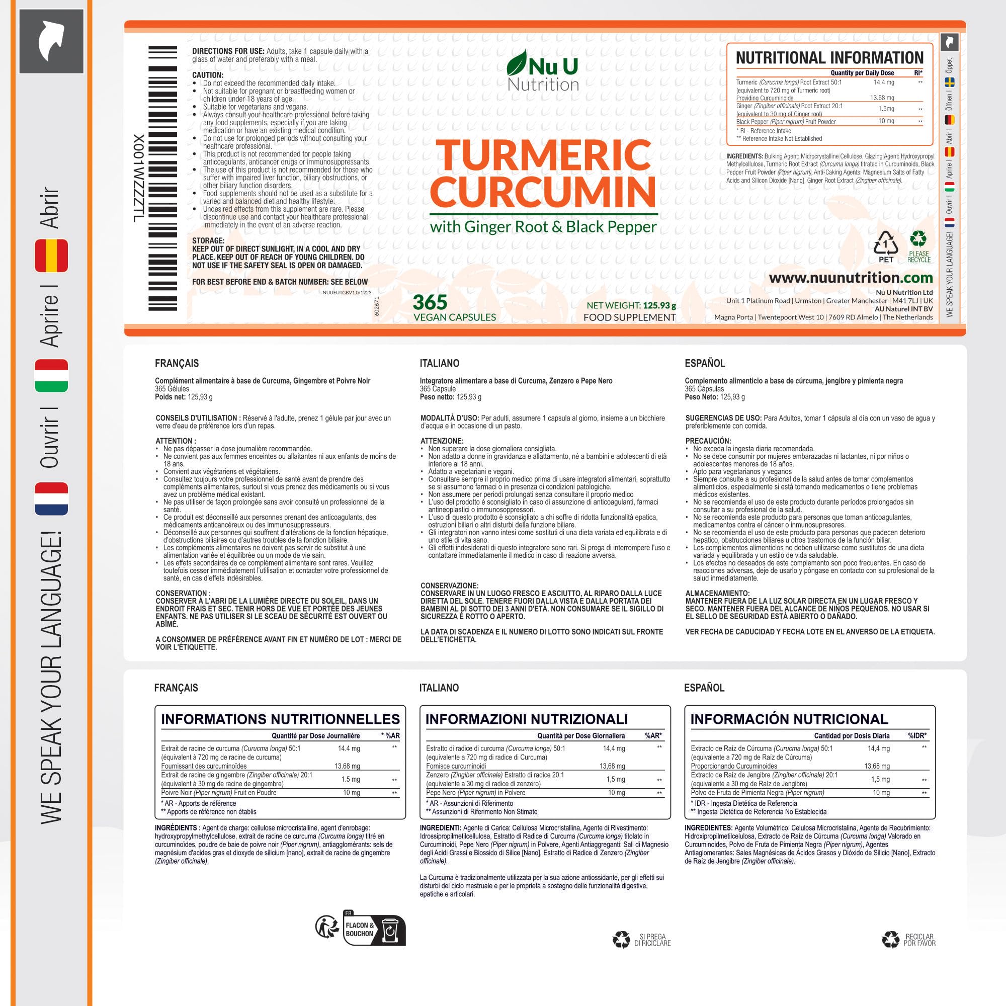 Curcuma 1520mg con Zenzero e Pepe Nero - 365 Capsule Vegane - Alto Dosaggio di Curcumina in Polvere - 95% di Curcuminoidi - Prodotto in Europa - Nu U Nutrition