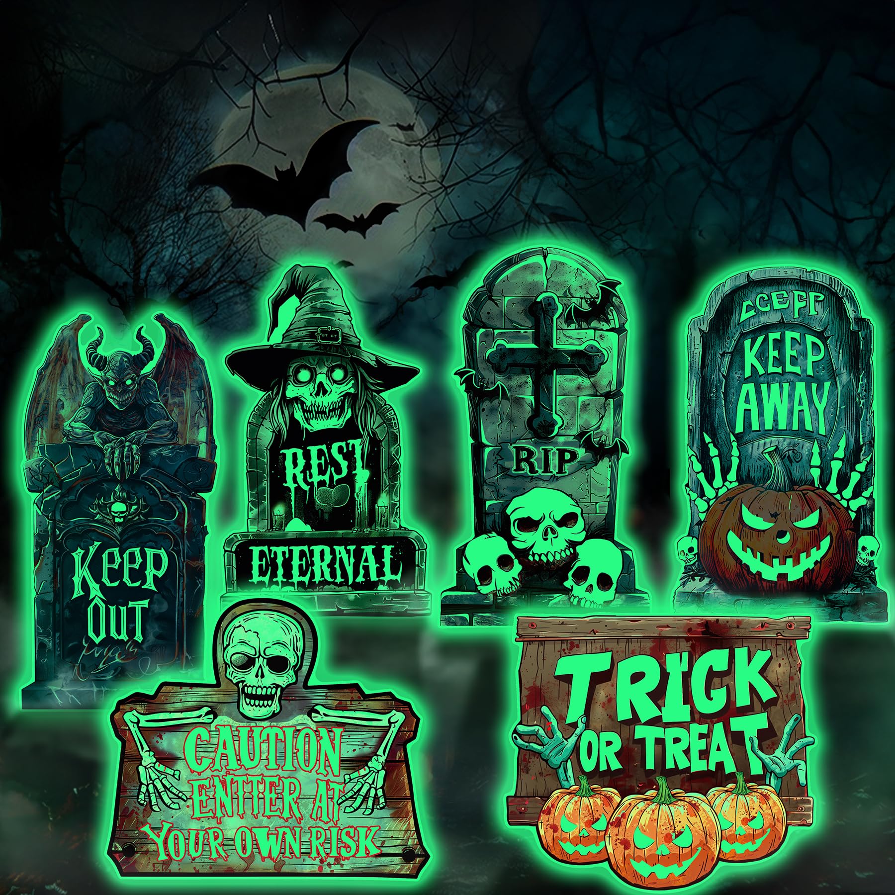 Pourbibi Halloween Deko Outdoor, 6 Stück Halloween Grabstein Deko, Fluoreszierender Grabstein Friedhof Deko Requisiten, Halloween Yard Signs Schild Deco, Simulation Halloween Grabstein