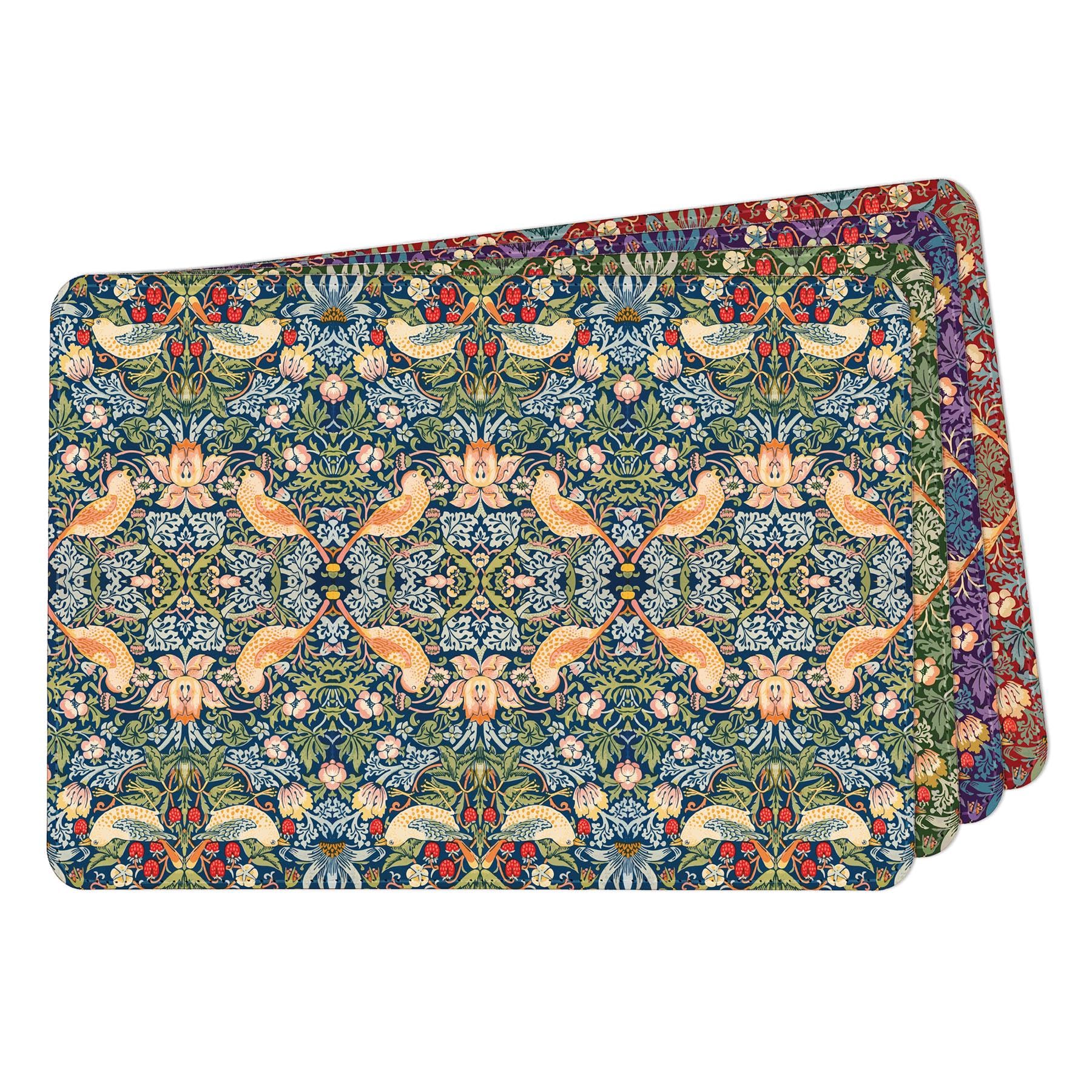 Set of 4 Faux Leather Placemats - Strawberry Thief Mixed Colours - Waterproof Wipeable Dining Table Mats, 28 x 20cm