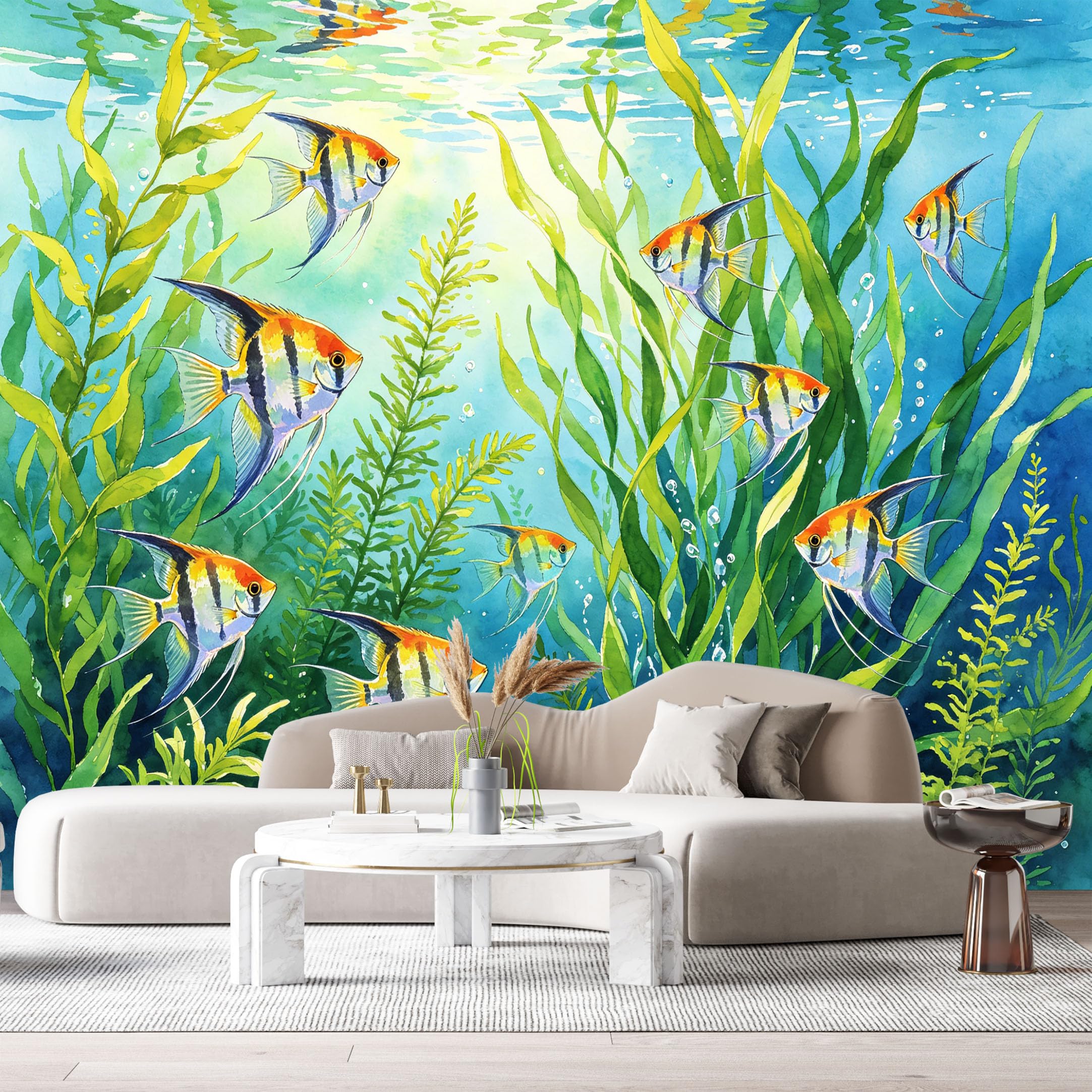 Custom Size Wall Murals Underwater Angelfish Marine Watercolor SelfAdhesiveWall Fabric Removable Wallpaper Wall Decor for Living Room Bedroom Bathroom