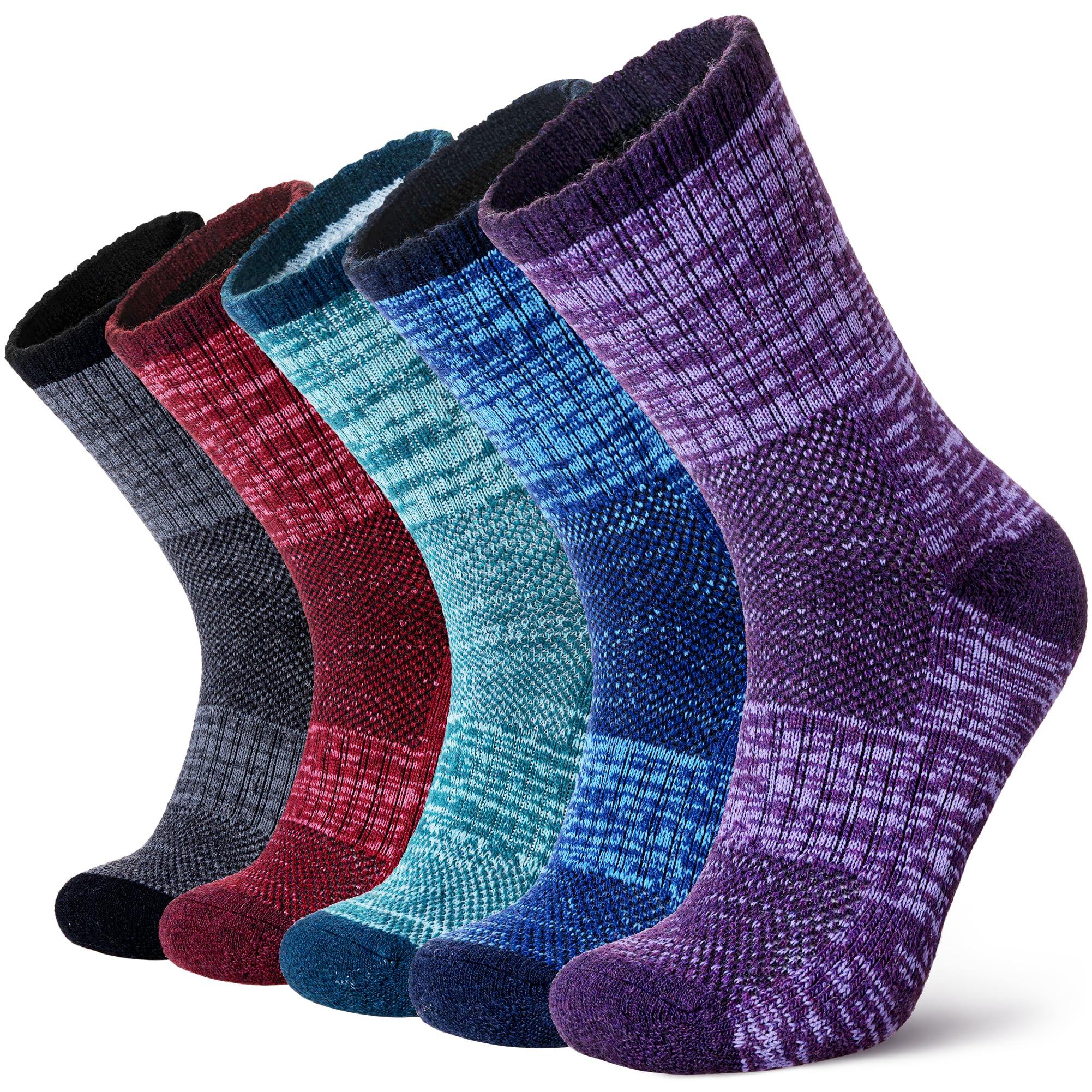Photo 1 of Eocom Merino Wool Hiking Socks for Men & Women Thermal Winter Warm Work Cushion Outdoor Crew Boot Socks 5 Pairs(Grey/Red/Green/Blue/Purple, Medium)
