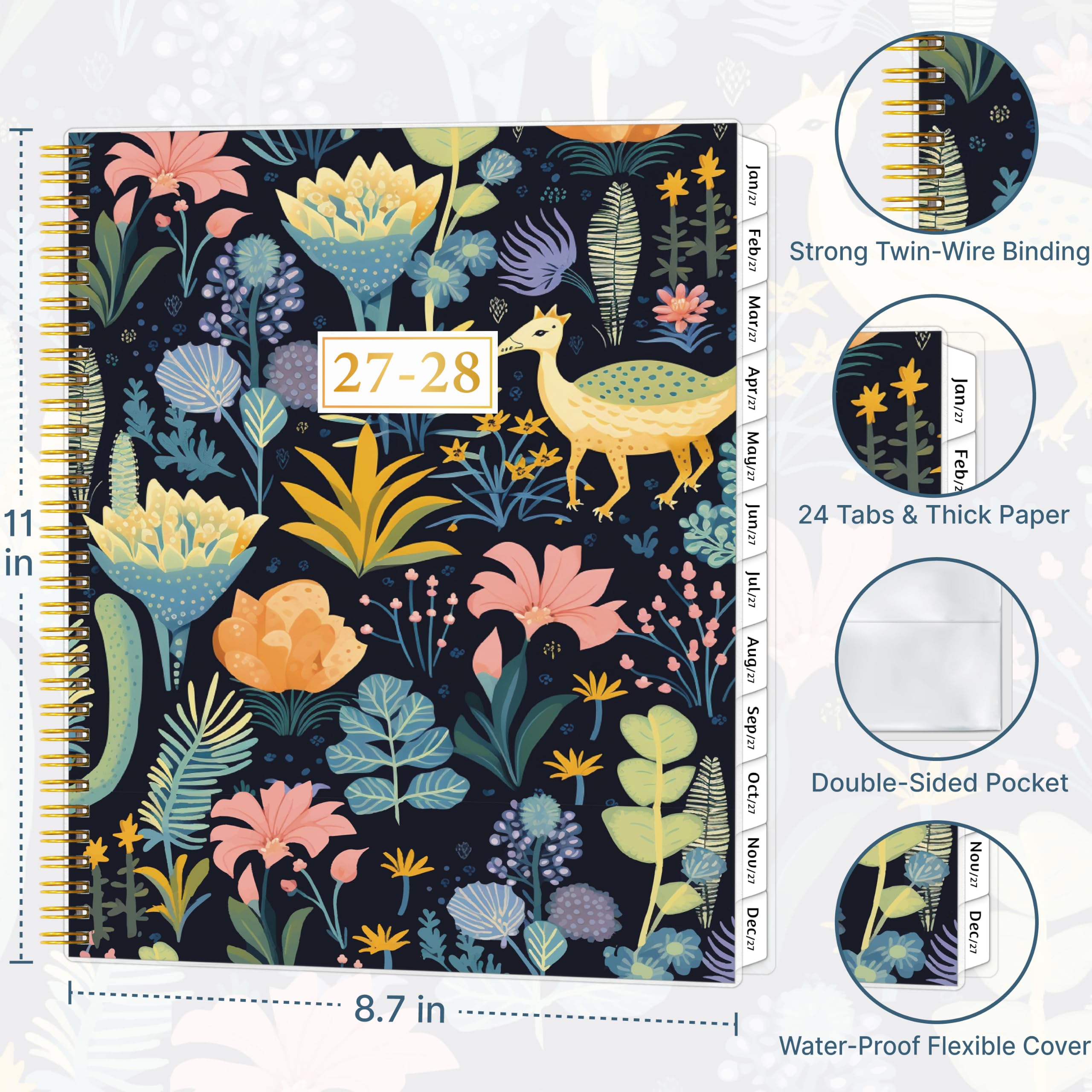 Agenda mensual 2027-2028, calendario de 2 años, enero de 2027 a diciembre de 2028, 8.5 x 11 pulgadas, agenda grande en espiral, 24 meses, con pestañas y bolsillo, cubierta flexible, organizador para