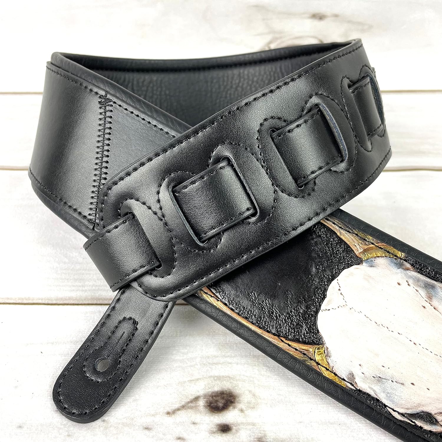 Walker And Williams KB-61 Handmade Carved Longhorn Skull Guitar Strap On Premium Matte Black Leather For Acoustic, Electric, And Bass Guitars
