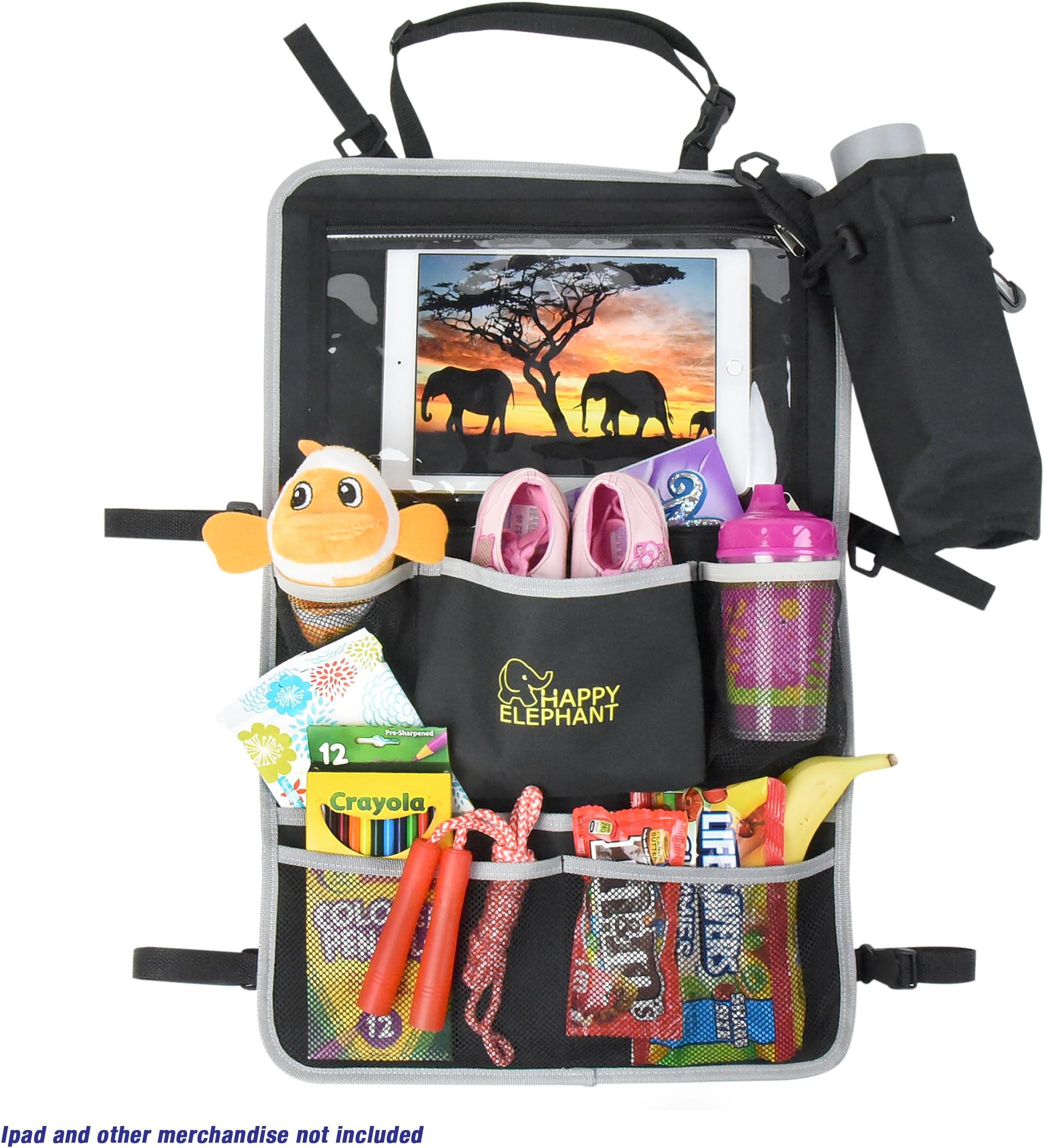 Back Seat Car Organizer and Universal Stroller Baby Bag – Large Tablet Holder – Easy to Install Organization for Kids – Perfect for Toy Storage, Car Accessories + BONUS Bottle Bag by Happy Elephant