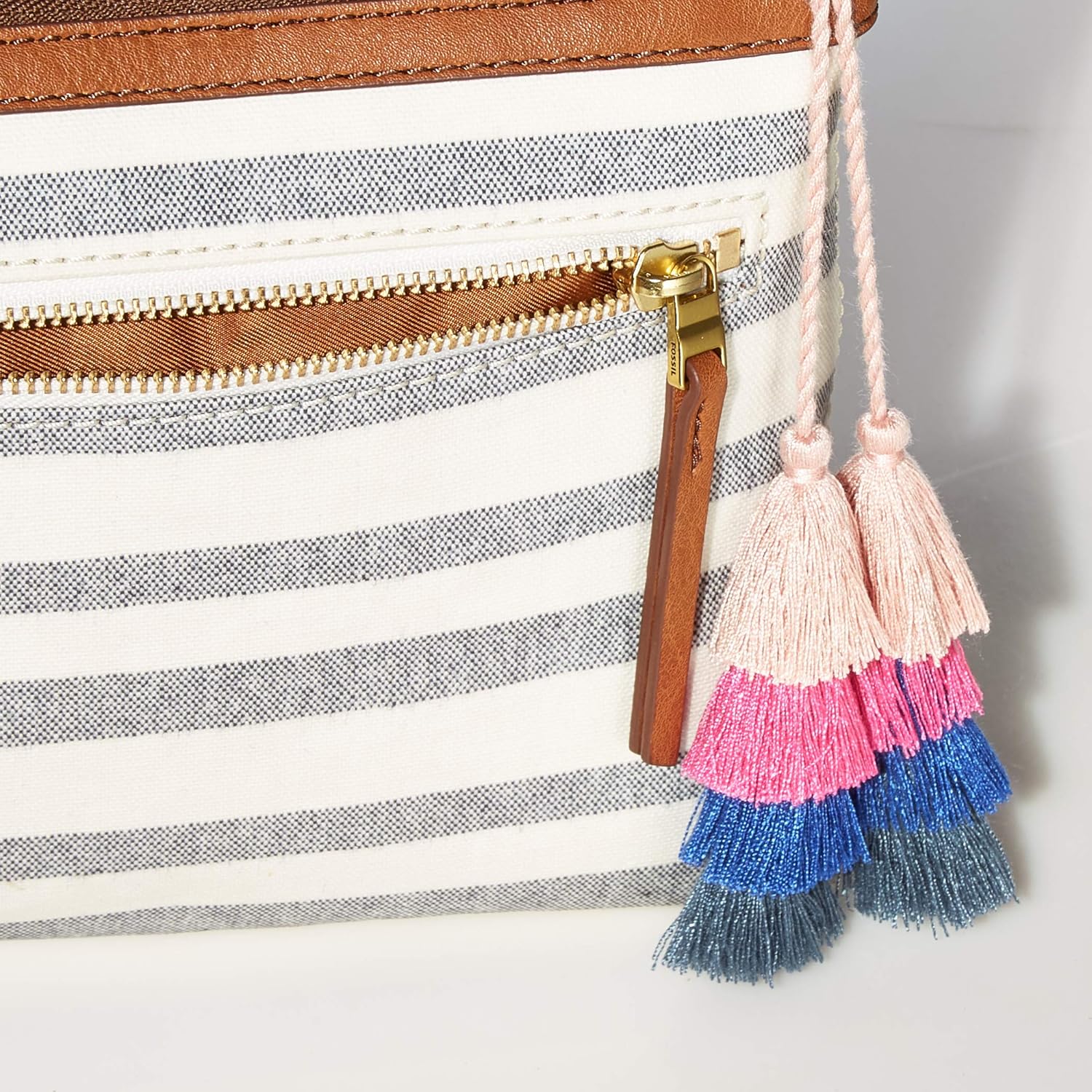 Fossil Women's Fiona Fabric Small Crossbody Handbag, Navy Stripe, 9.88"L x 1.88"W x 7.5"H