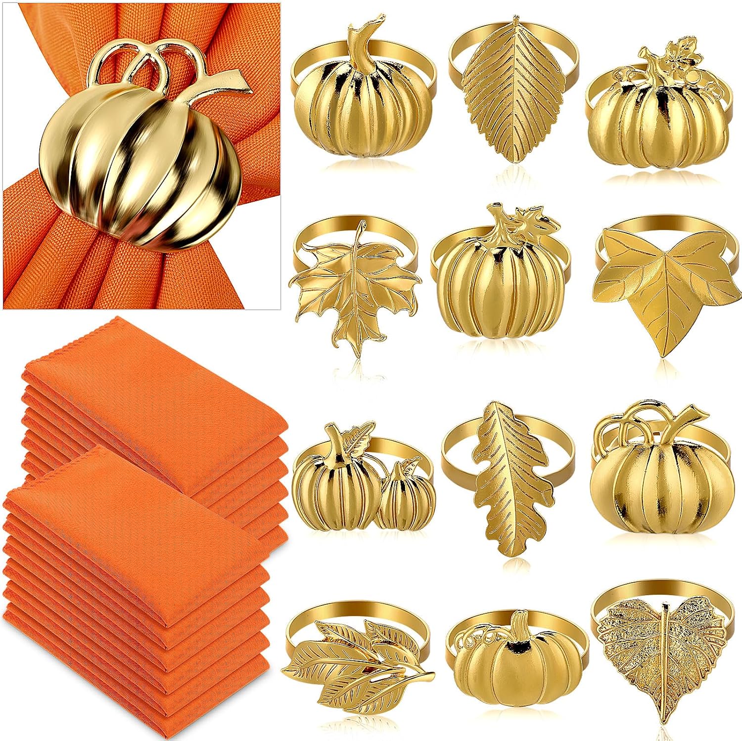 Remerry 24 Pcs Thanksgiving Fall Napkin Rings Set, Include 12 Pumpkin Maple Leaf Napkin Rings Gold Napkin Holder 12 Solid Color Cloth Dinner Napkins for Thanksgiving Autumn Party Table Decoration