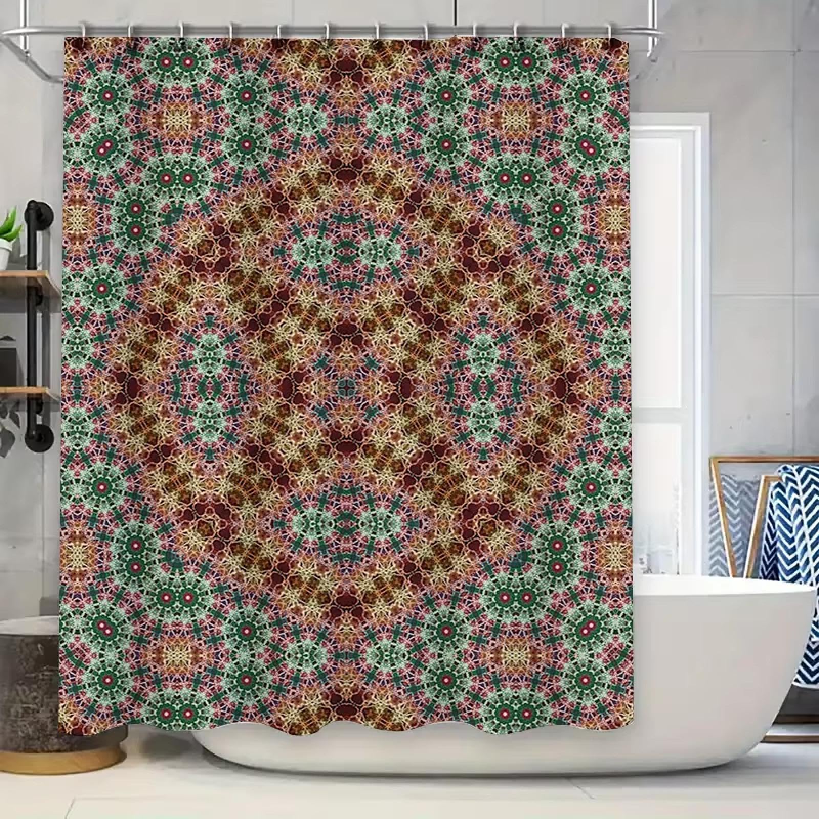 Rideau de Douche kaléidoscope Rouge, Vert et Jaune, Motif Floral Unique, décoration d'intérieur, Salle de Bain, Tissu imperméable, 280 x 200 cm (110 x 79 Pouces)