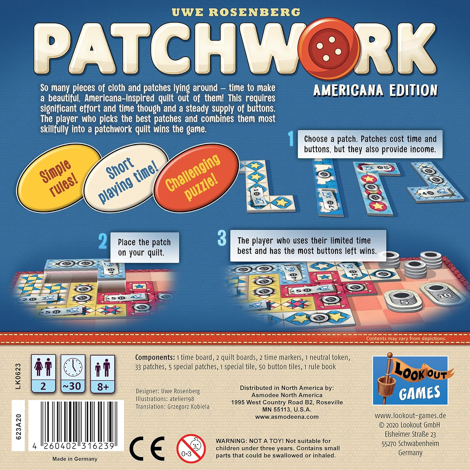 Patchwork Americana Edition Board Game - A Two-Player Quilting Strategy Game by Uwe Rosenberg! Interactive Puzzle Game for Kids & Adults, Ages 8+, 2 Players, 30 Minute Playtime, Made by Lookout Games