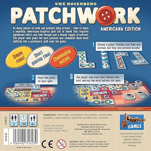 Miniatura 3 de Juego de mesa Patchwork Americana Edition – Un juego de estrategia de acolchado para dos jugadores por Uwe Rosenberg! Juego de rompecabezas
