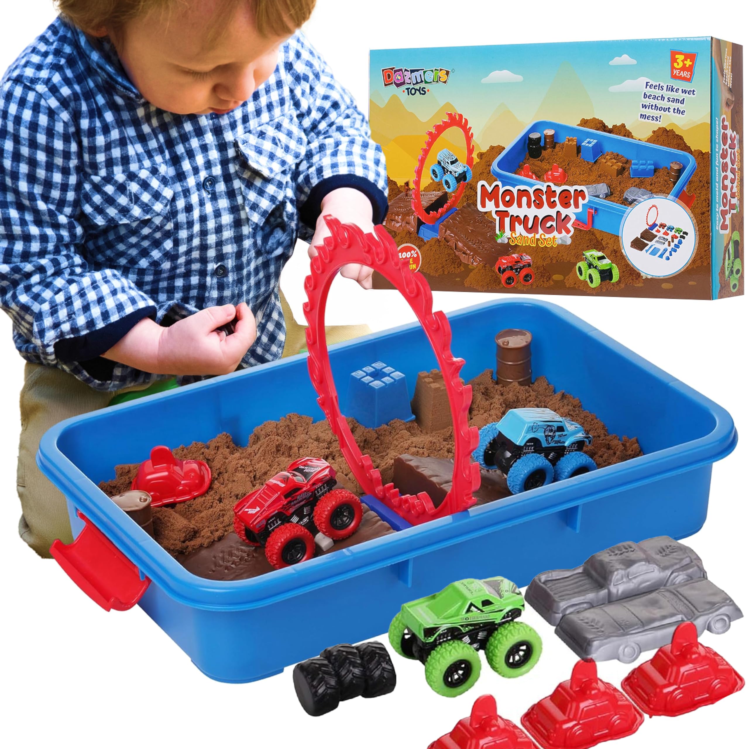 Dazmers Monster Truck Sand Play Set - 21-Piece Includes Truck Ramp, Molds, Tools, Tires, Barrels, Kinetic Sand and Storage Box - Sensory Toys for Toddlers 3 Years and Up