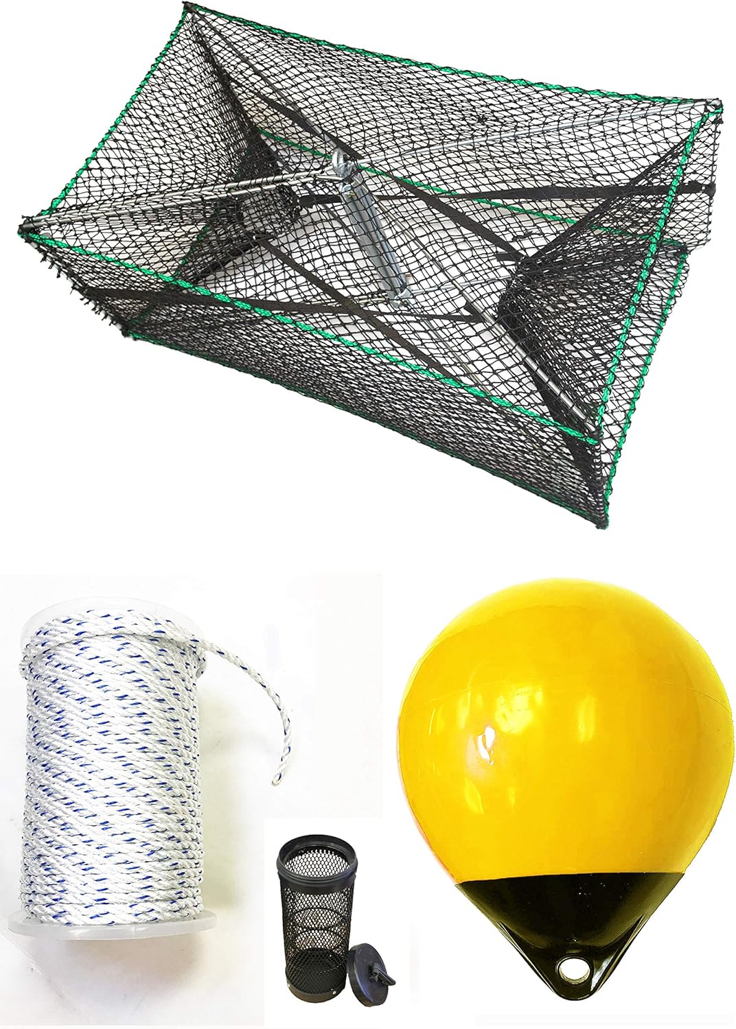 KUFA Sports Galvanized Steel Foldable Prawn Trap with 400' Rope, 15" Yellow Float and Vented Bait Jar Combo (S32+PNS38Y)