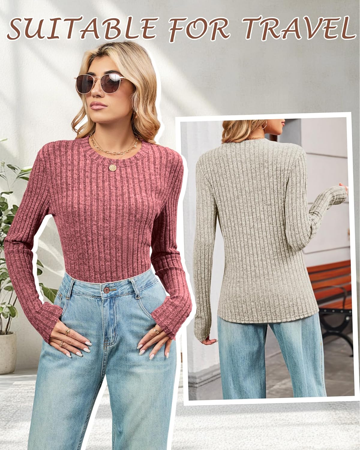 3 Pack Women's Fitted Ribbed Sweaters Tops, Long Sleeve Crew Neck Slim Fit Thermal Fall Winter Base Sweater - Image 2